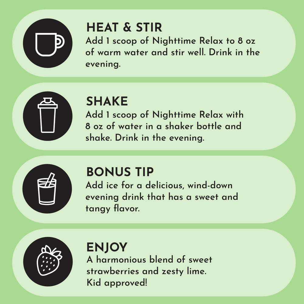 JUST INGREDIENTS Strawberry Limeade Nighttime Relax shelf-stable bottle with long shelf life.