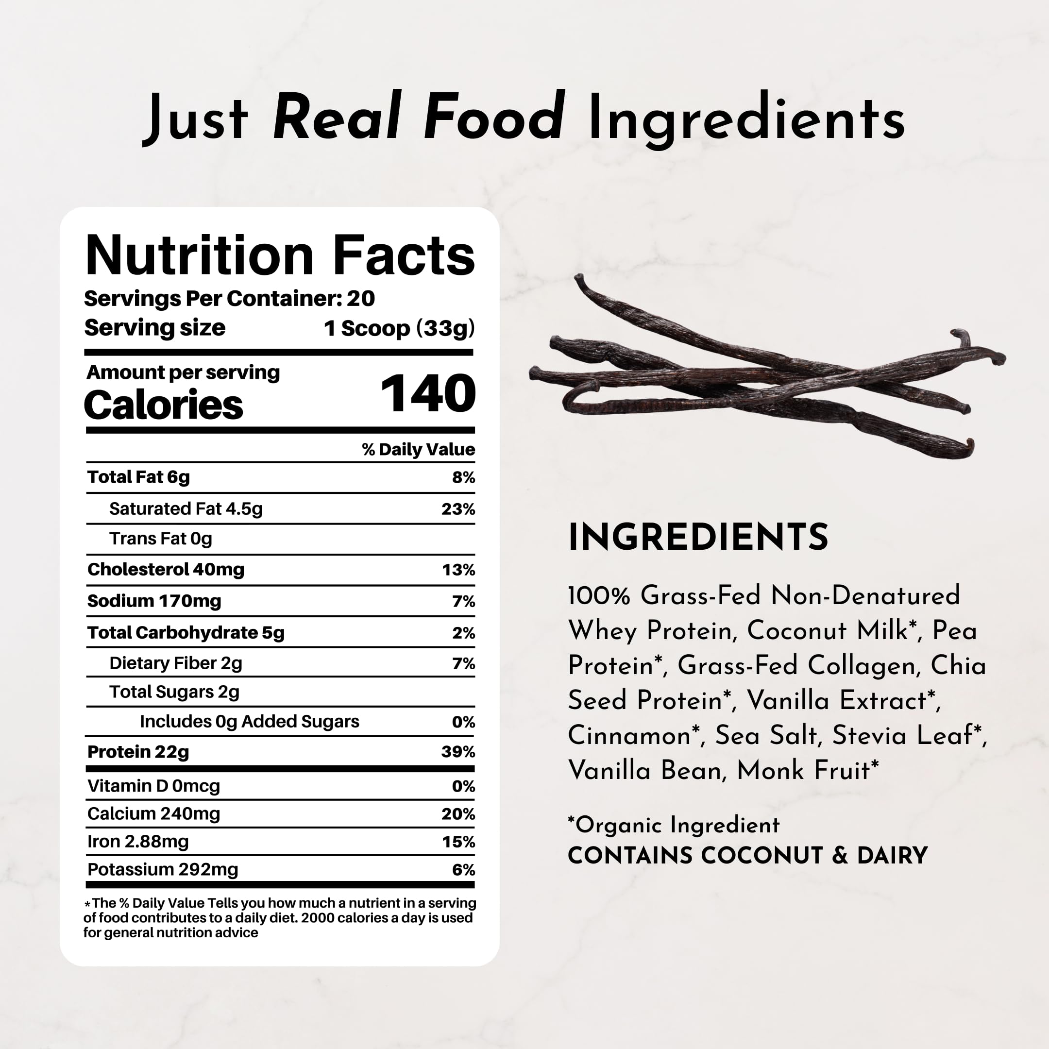 JUST INGREDIENTS protein powder bottle showing grass-fed whey and plant proteins.