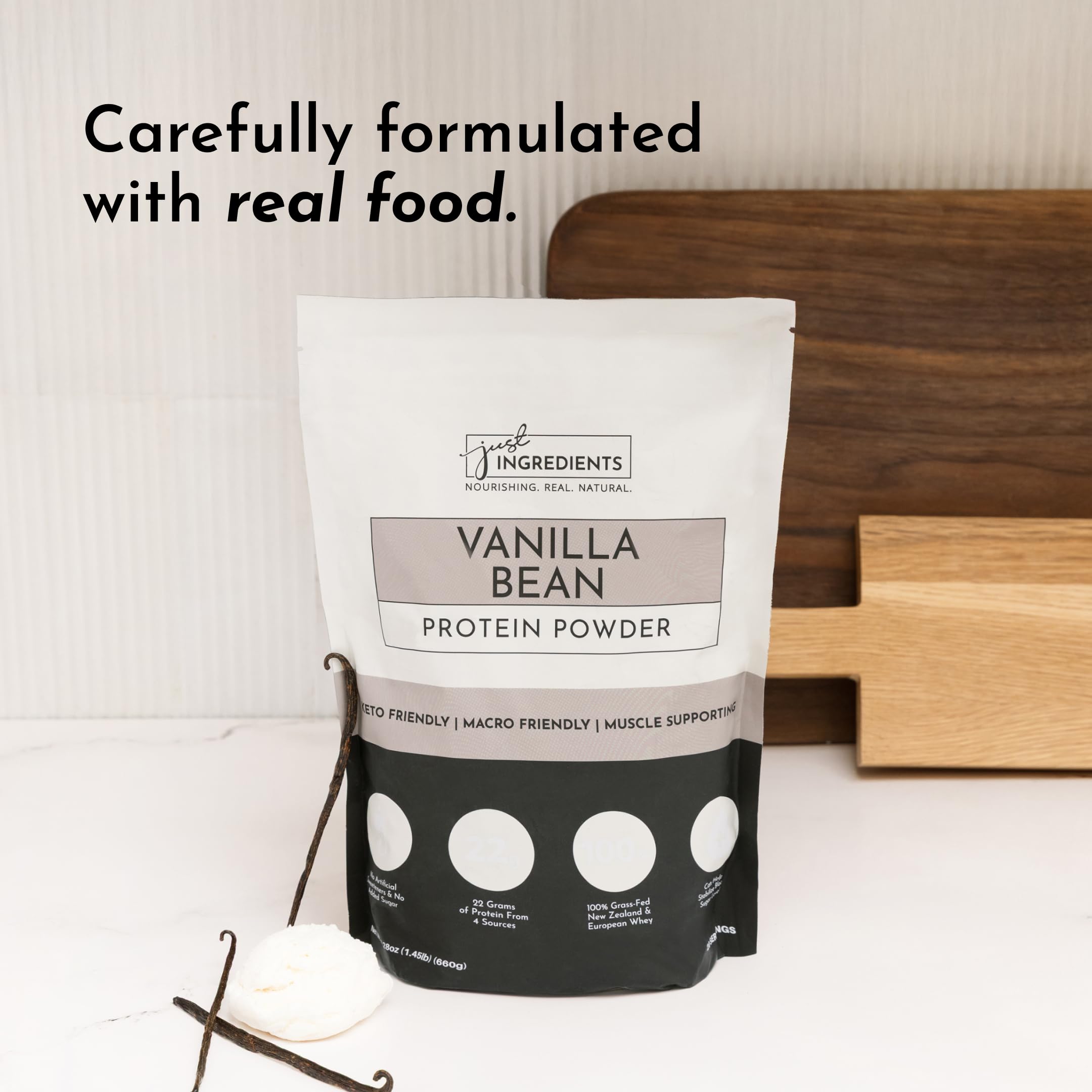 Ingredients detail showing vanilla bean notes on packaging.