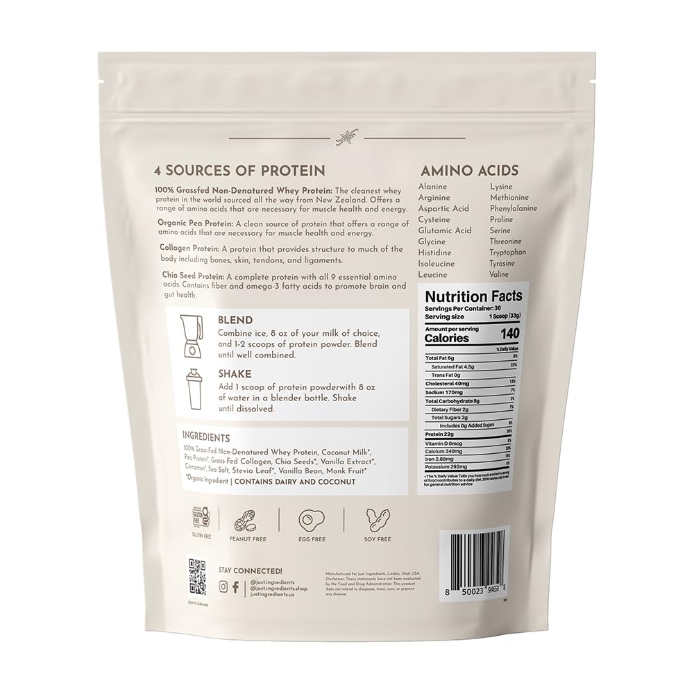 JUST INGREDIENTS Vanilla Bean Protein Powder real vanilla focus in a shaker bottle