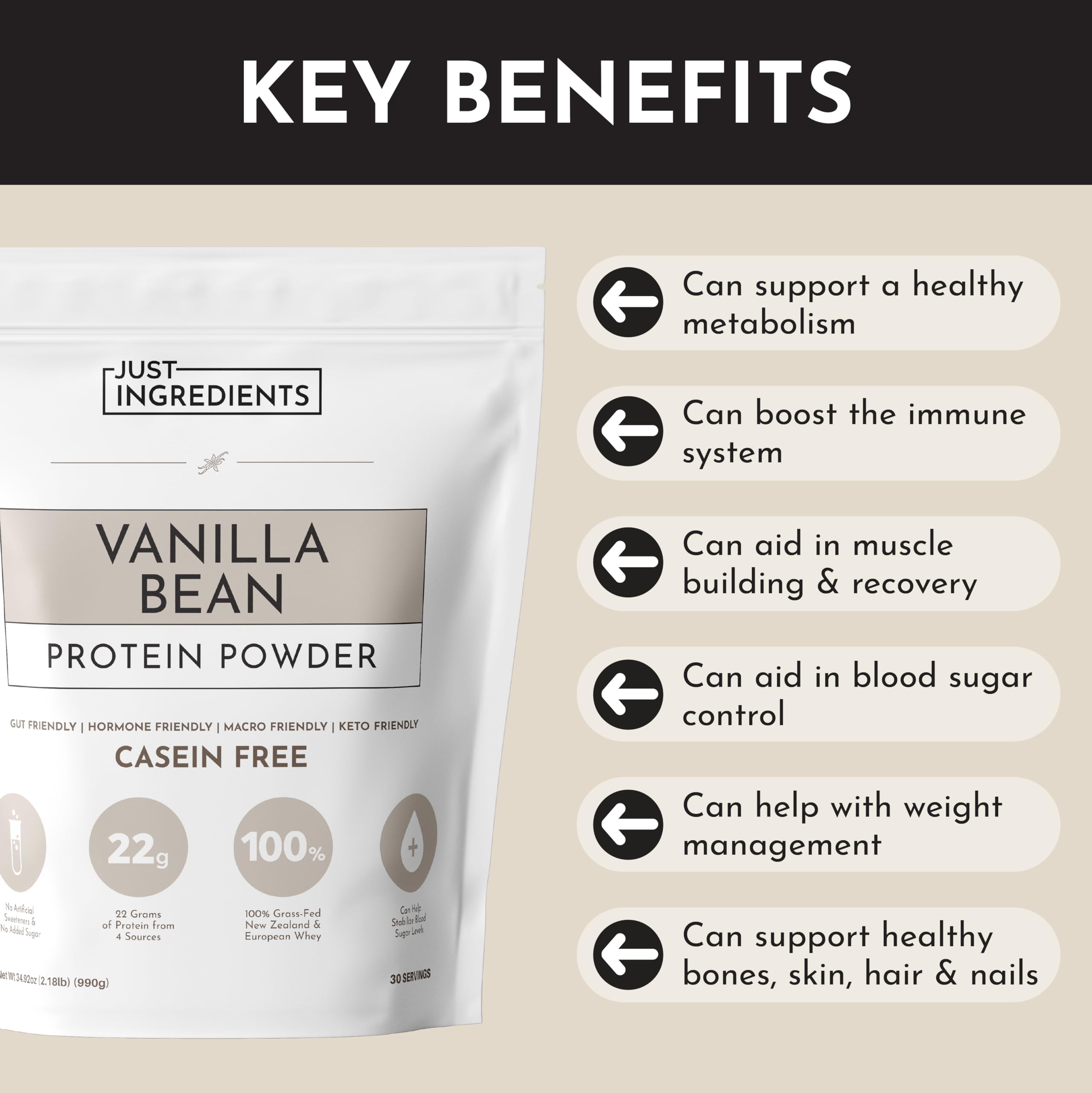 JUST INGREDIENTS Vanilla Bean Protein Powder third-party tested for purity