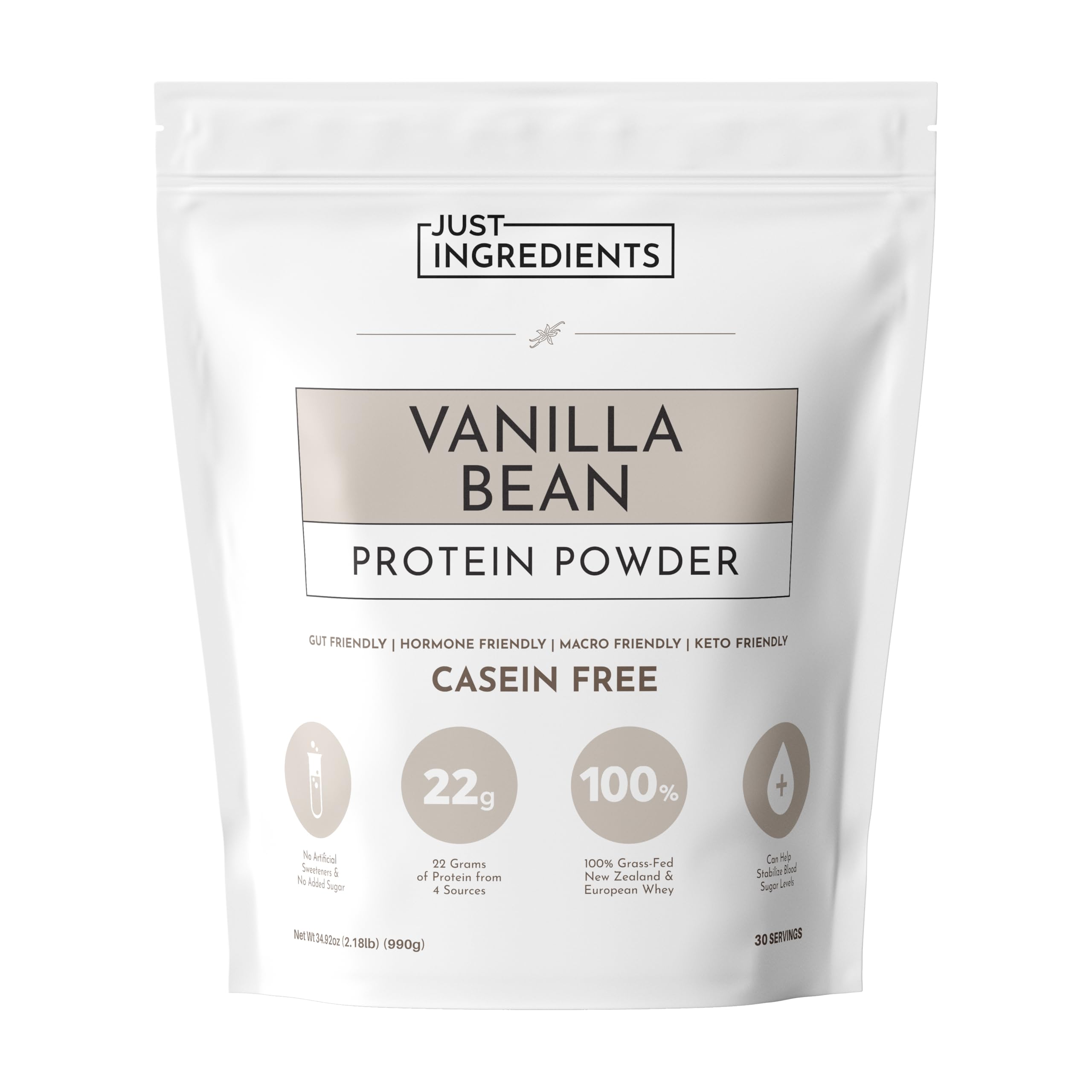 JUST INGREDIENTS Vanilla Bean Protein Powder tub showcases premium blend for daily energy