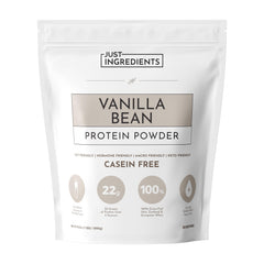 JUST INGREDIENTS Vanilla Bean Protein Powder tub showcases premium blend for daily energy