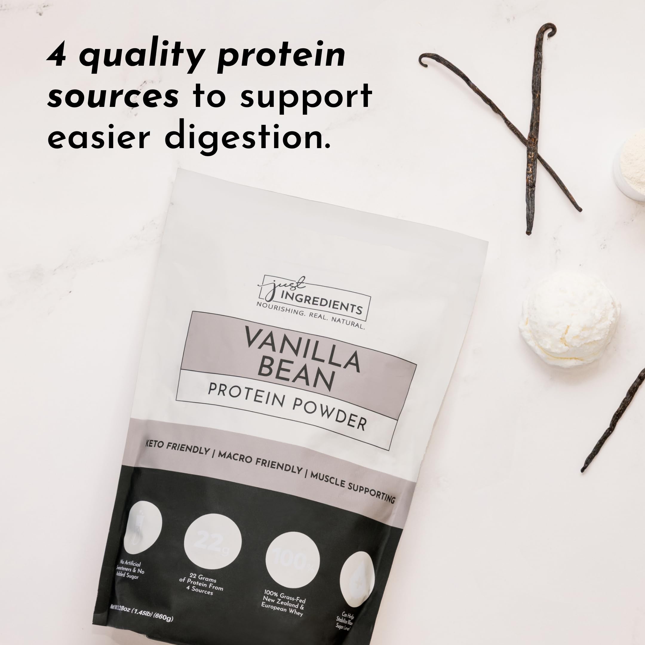 Close-up of vanilla bean and cinnamon on the powder label.