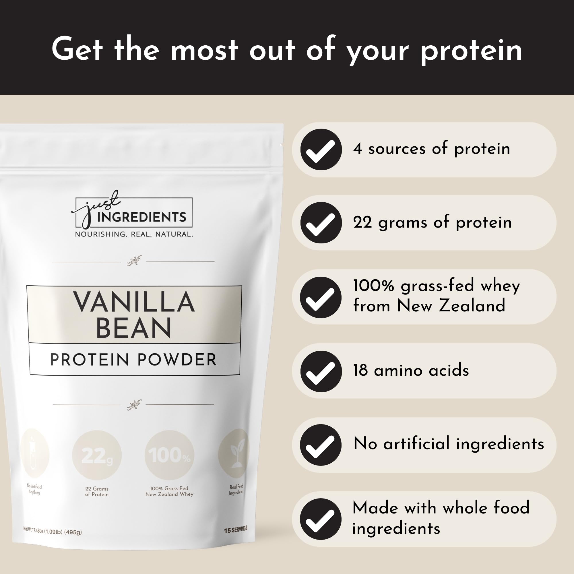 Just Ingredients Vanilla Protein Powder blender blending a creamy shake