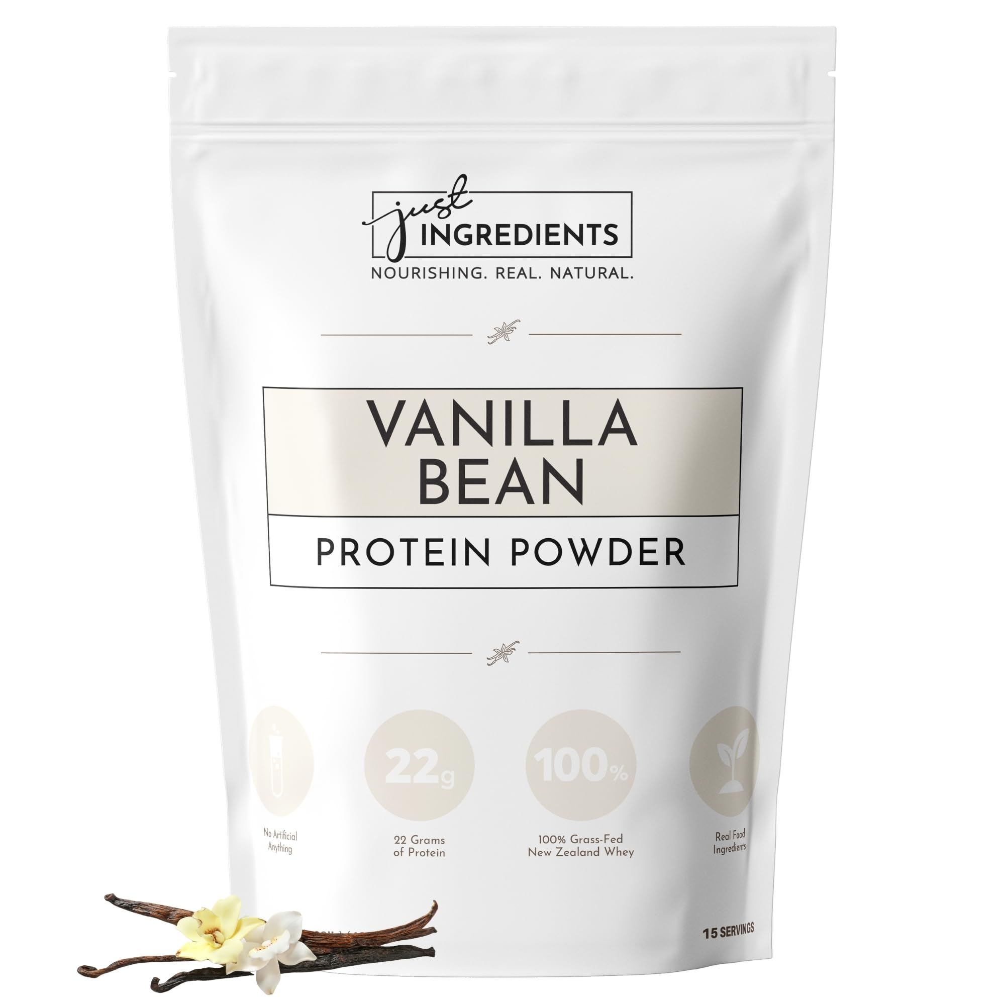 Just Ingredients Vanilla Protein Powder bottle for smooth shakes and daily protein
