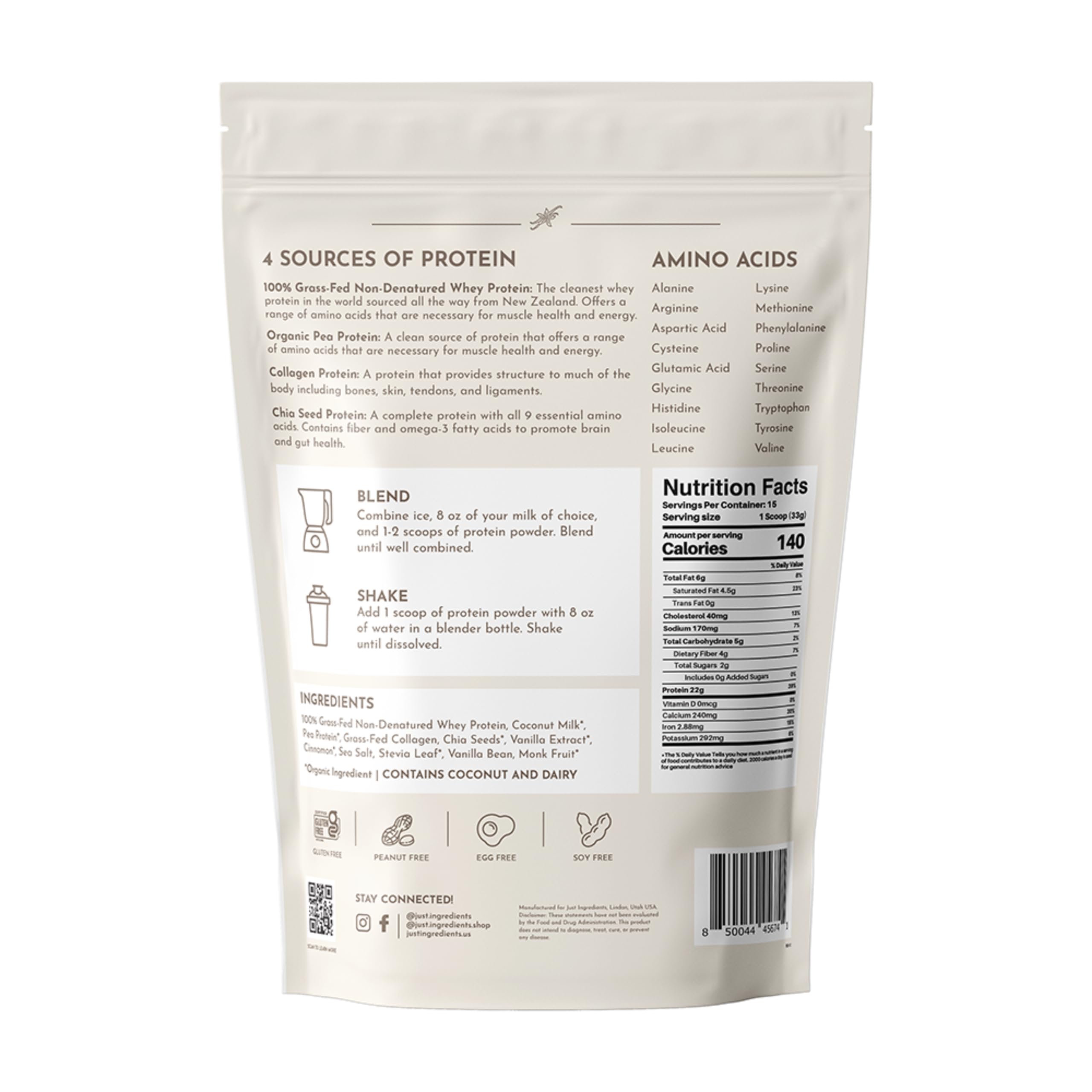 Just Ingredients Vanilla Protein Powder packaging highlighting gluten-free organic claims
