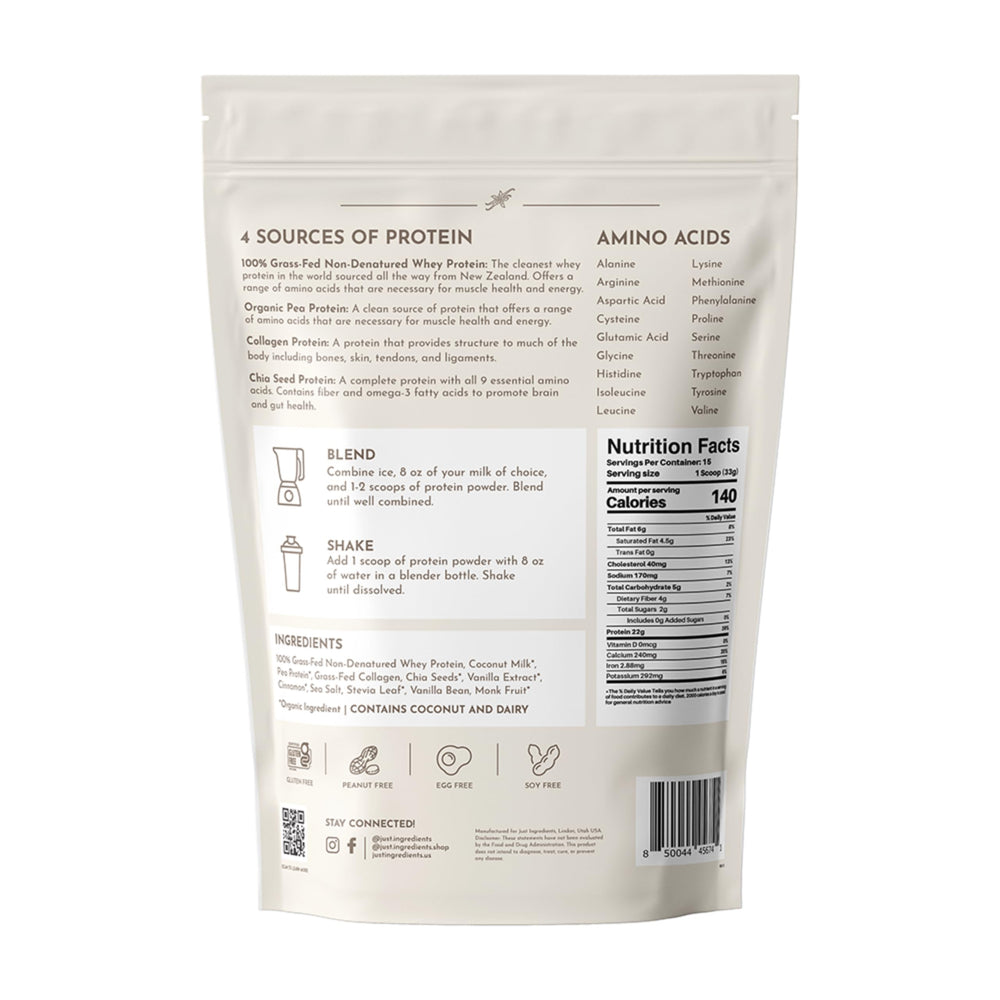 Just Ingredients Vanilla Protein Powder packaging highlighting gluten-free organic claims