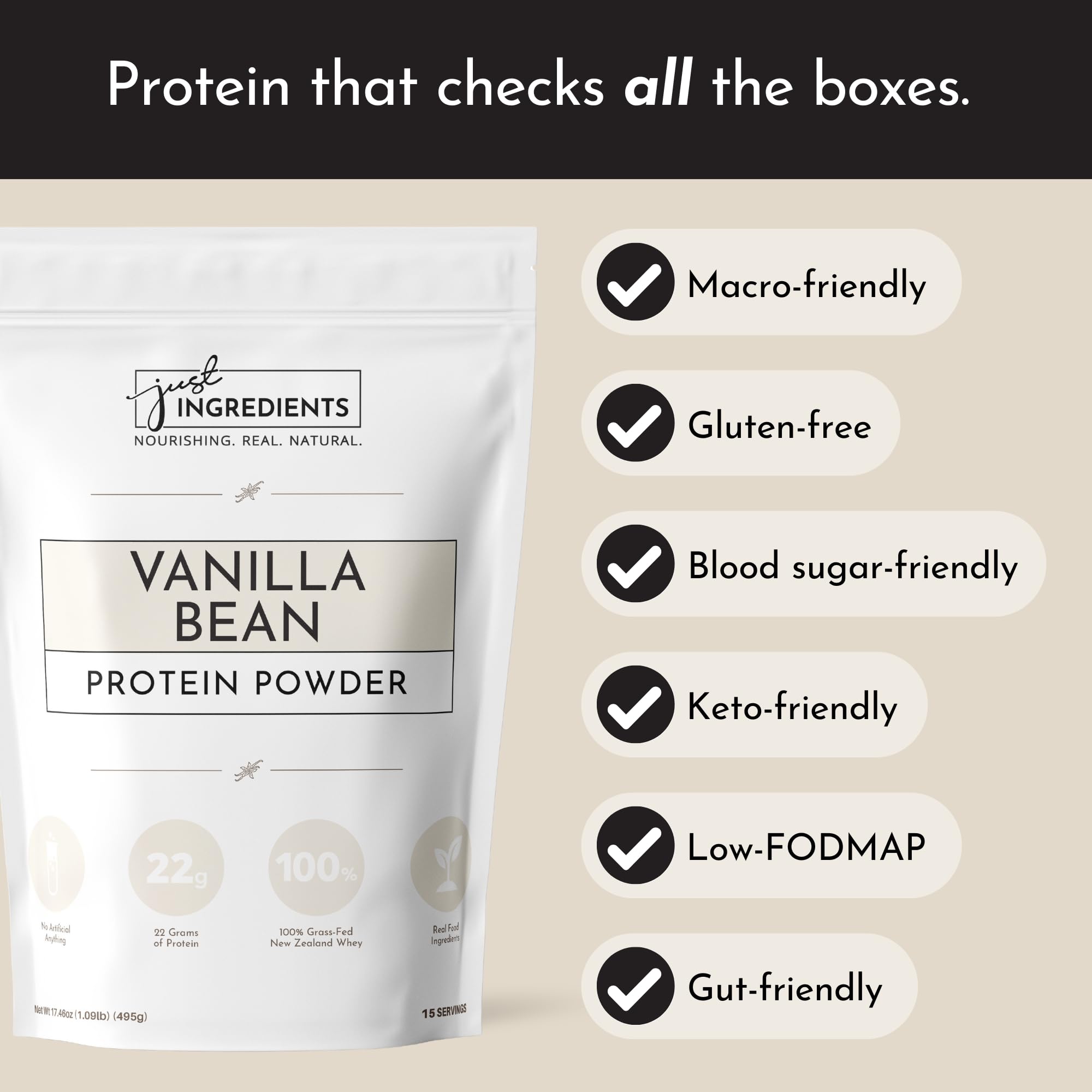 Just Ingredients Vanilla Protein Powder pouring into glass for a creamy drink