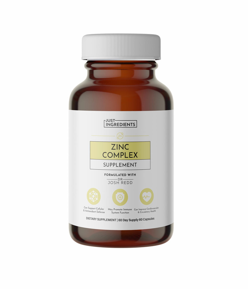Just Ingredients Zinc Complex bottle shows chelated zinc for immune and skin support