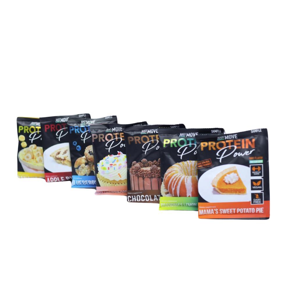 Just Move protein sample pack box showing seven flavors for easy flavor testing