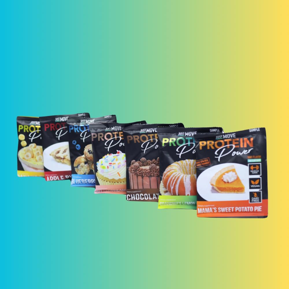 Just Move protein sample pack components arranged by flavor for quick selection