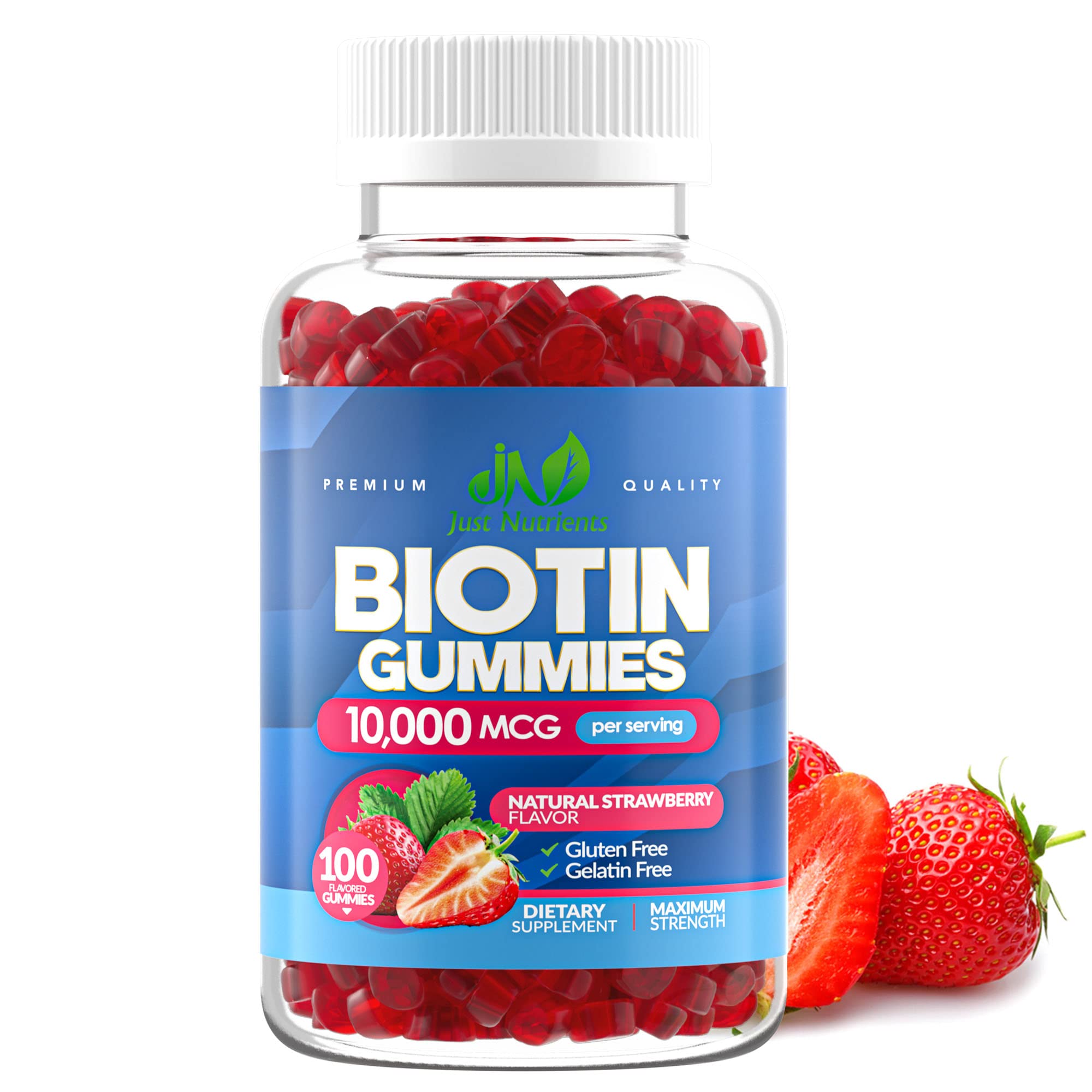 Just Nutrients Biotin gummies bottle supports daily hair, skin, and nails.