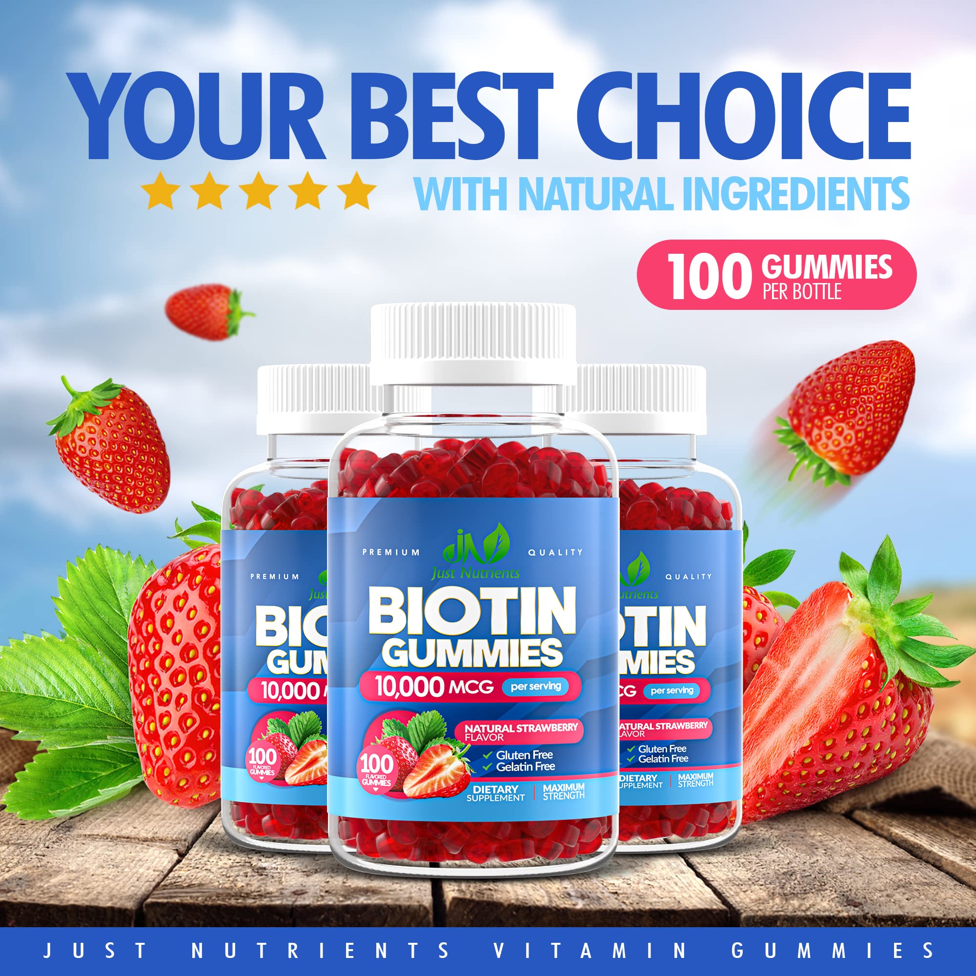 Gluten-free vegan label on Just Nutrients Biotin packaging.