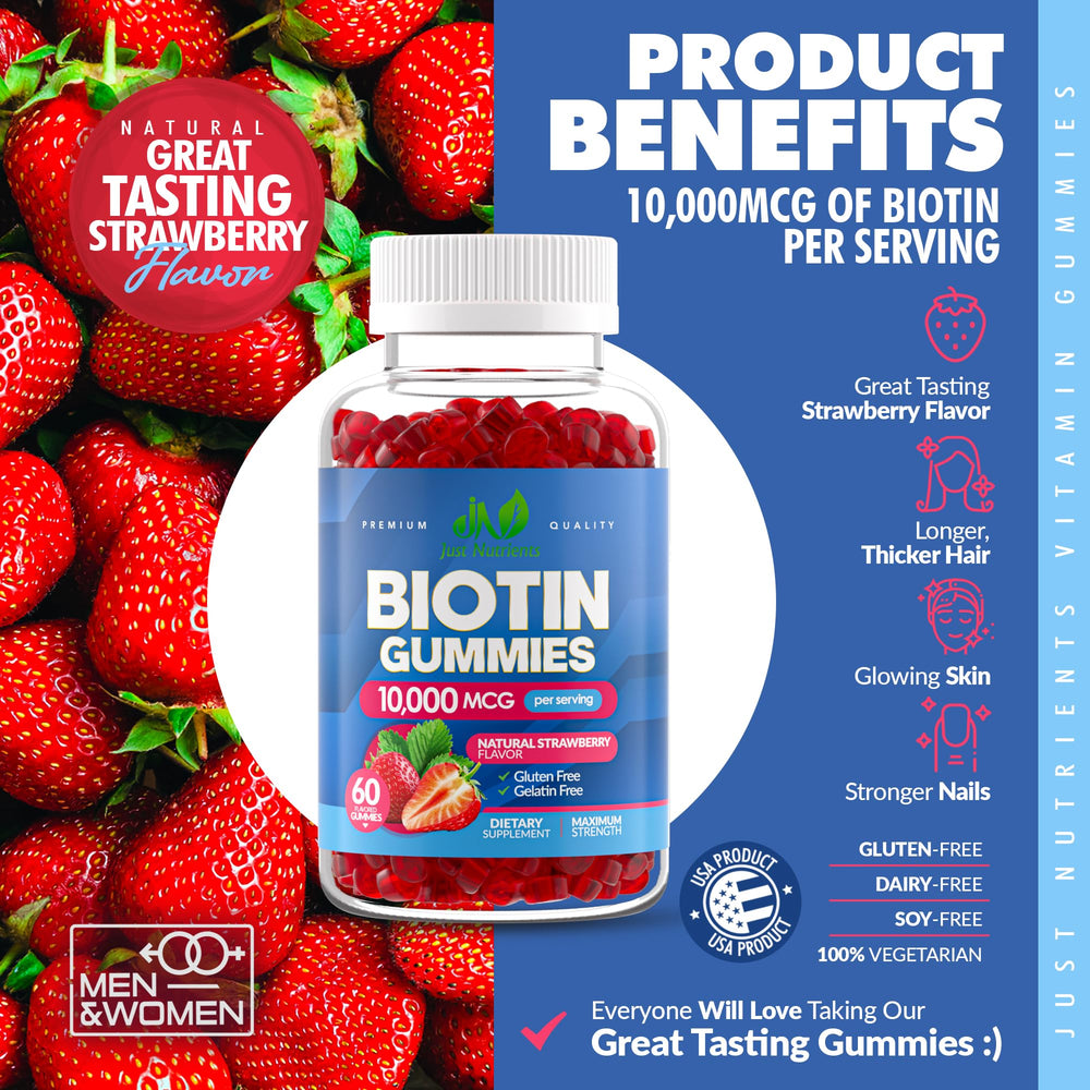 Just Nutrients Biotin gummies on bright counter — vegan, non-GMO