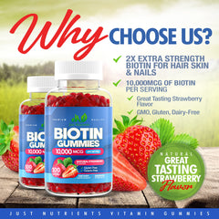 Just Nutrients Biotin strawberry-flavored gummies offer tasty daily wellness support.