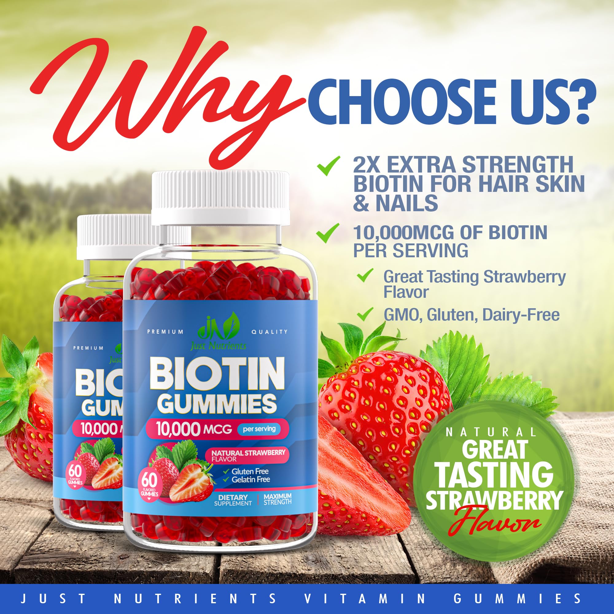 Just Nutrients Biotin strawberry gummies close-up, tasty daily wellness