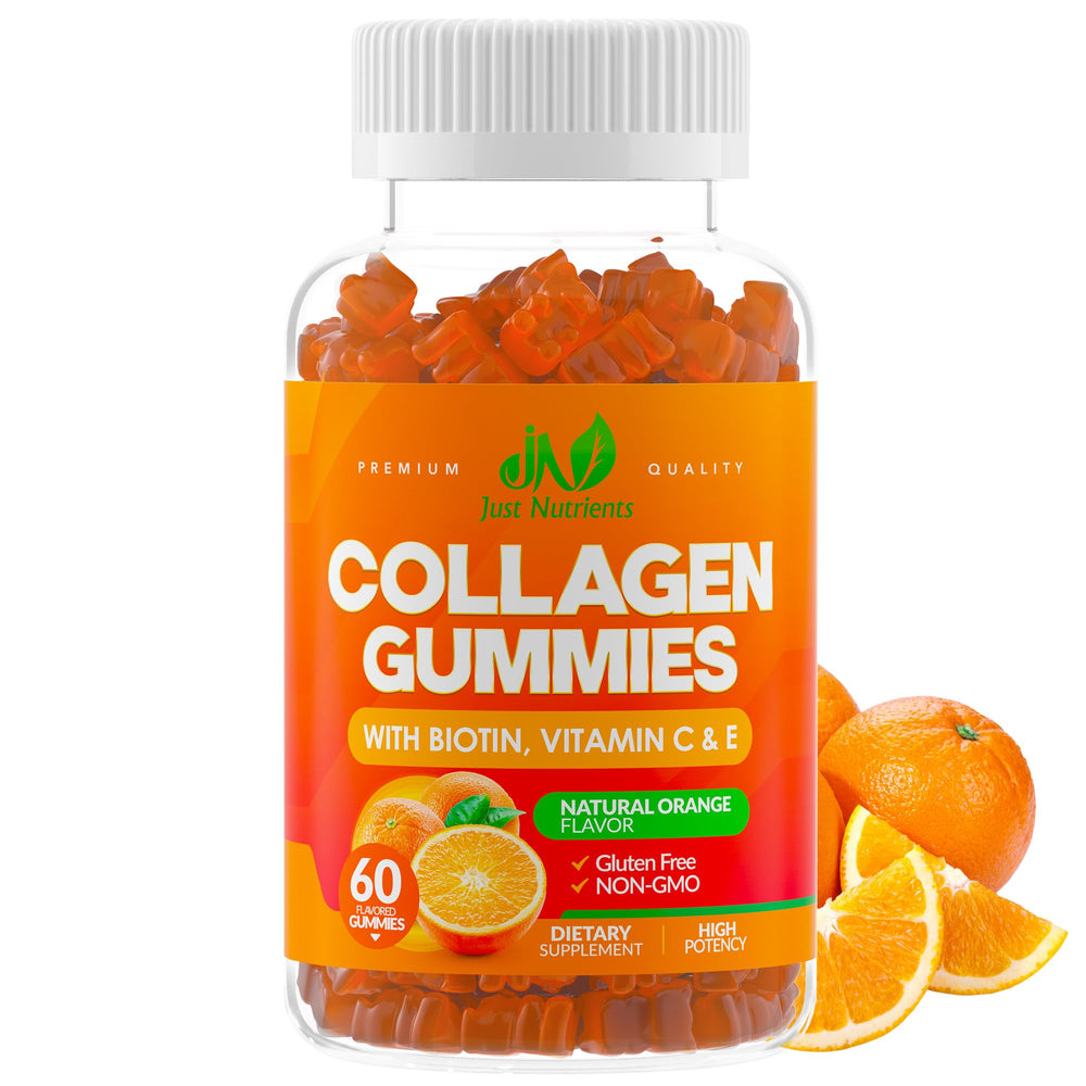 Just Nutrients Collagen Gummies bottle with label for hair, skin, and nails.