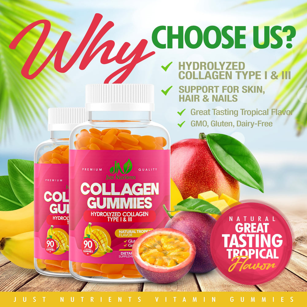 Just Nutrients Collagen Gummies closeup of gummies highlighting tropical flavor for daily nourishment