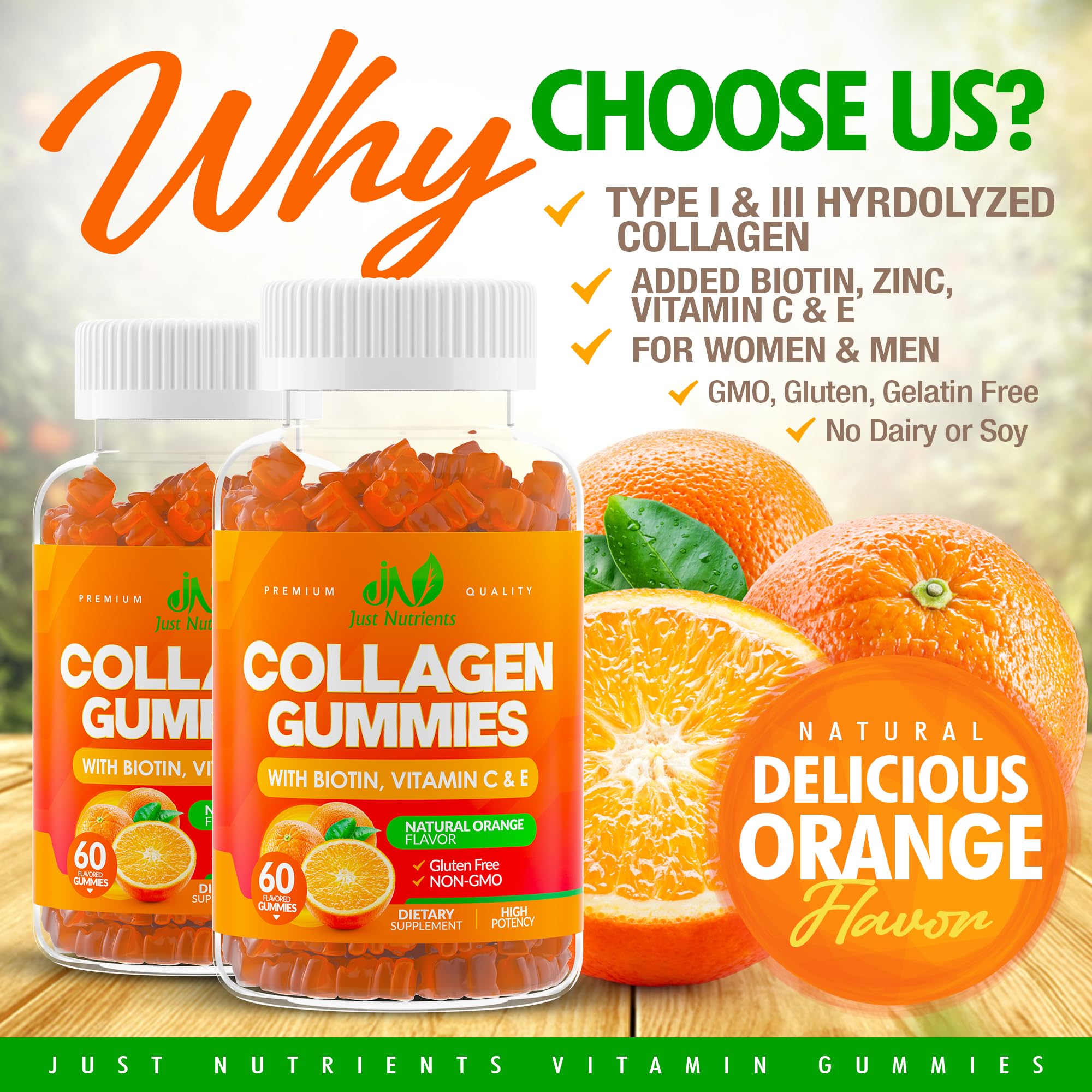 Just Nutrients collagen gummies close-up showing chewy texture for hair health.