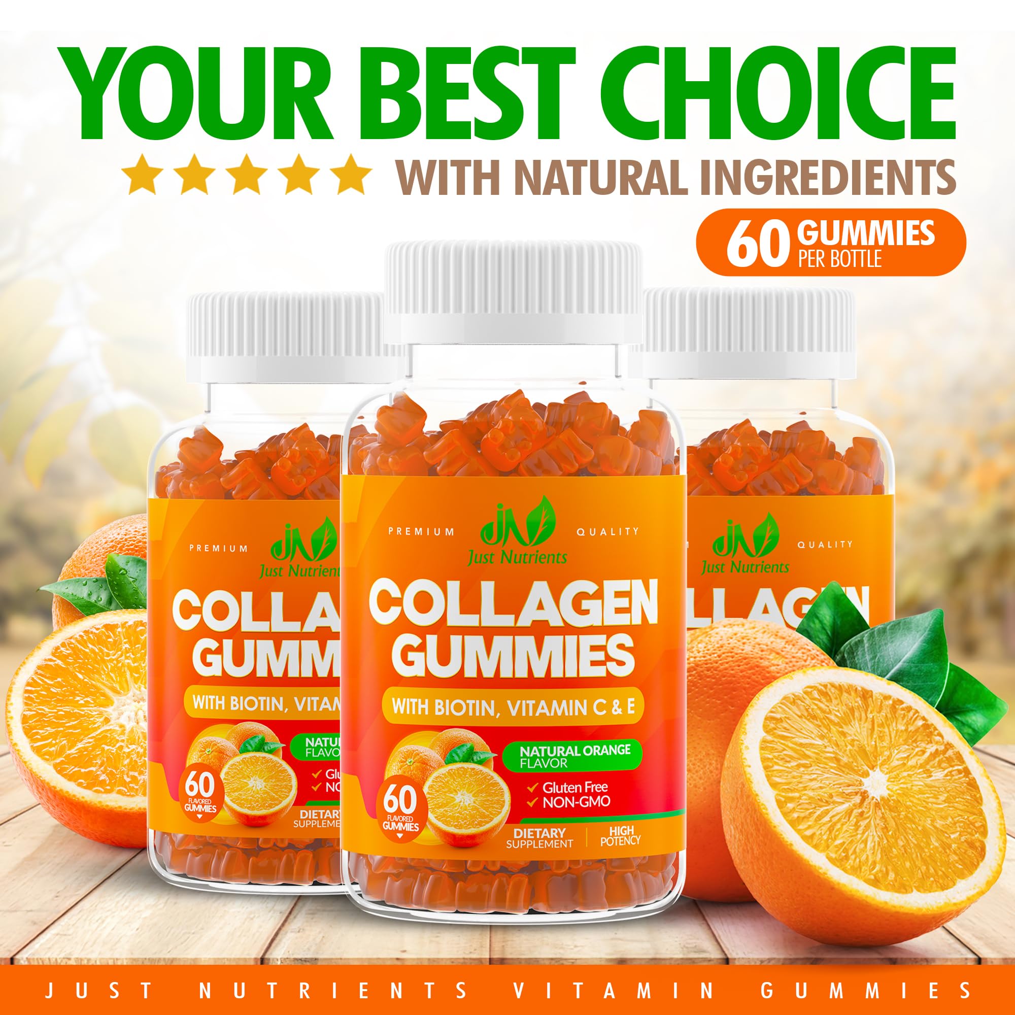 Just Nutrients collagen gummies nutrition label with biotin and vitamins.
