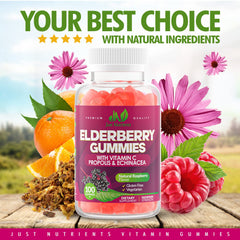 Just Nutrients Elderberry Gummies gluten-free vegan icons highlight allergen-friendly daily option