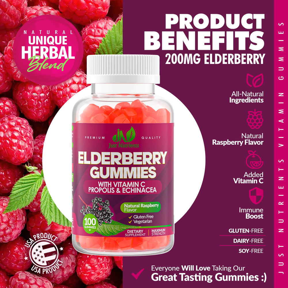 Just Nutrients Elderberry Gummies ingredients label shows vegetarian and gluten-free notes
