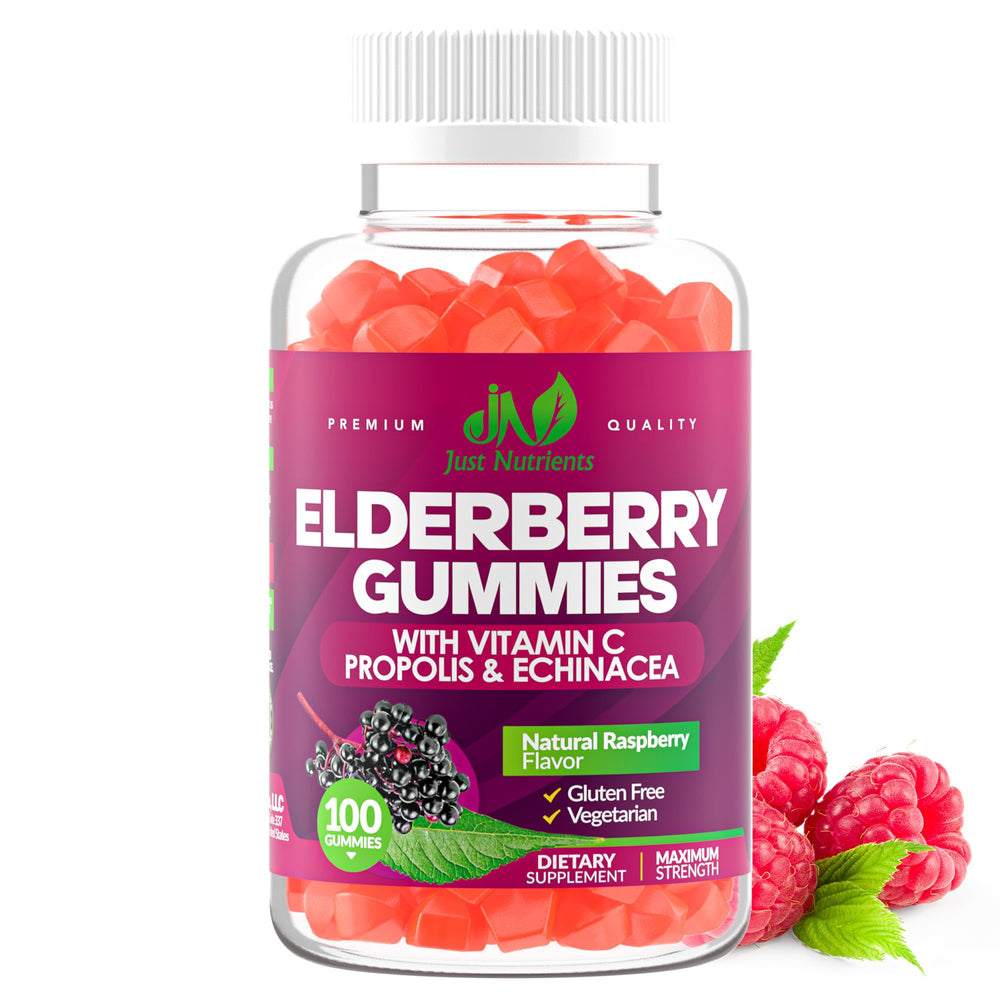 Just Nutrients Elderberry Gummies raspberry bottle for daily immune support with a fruity flavor