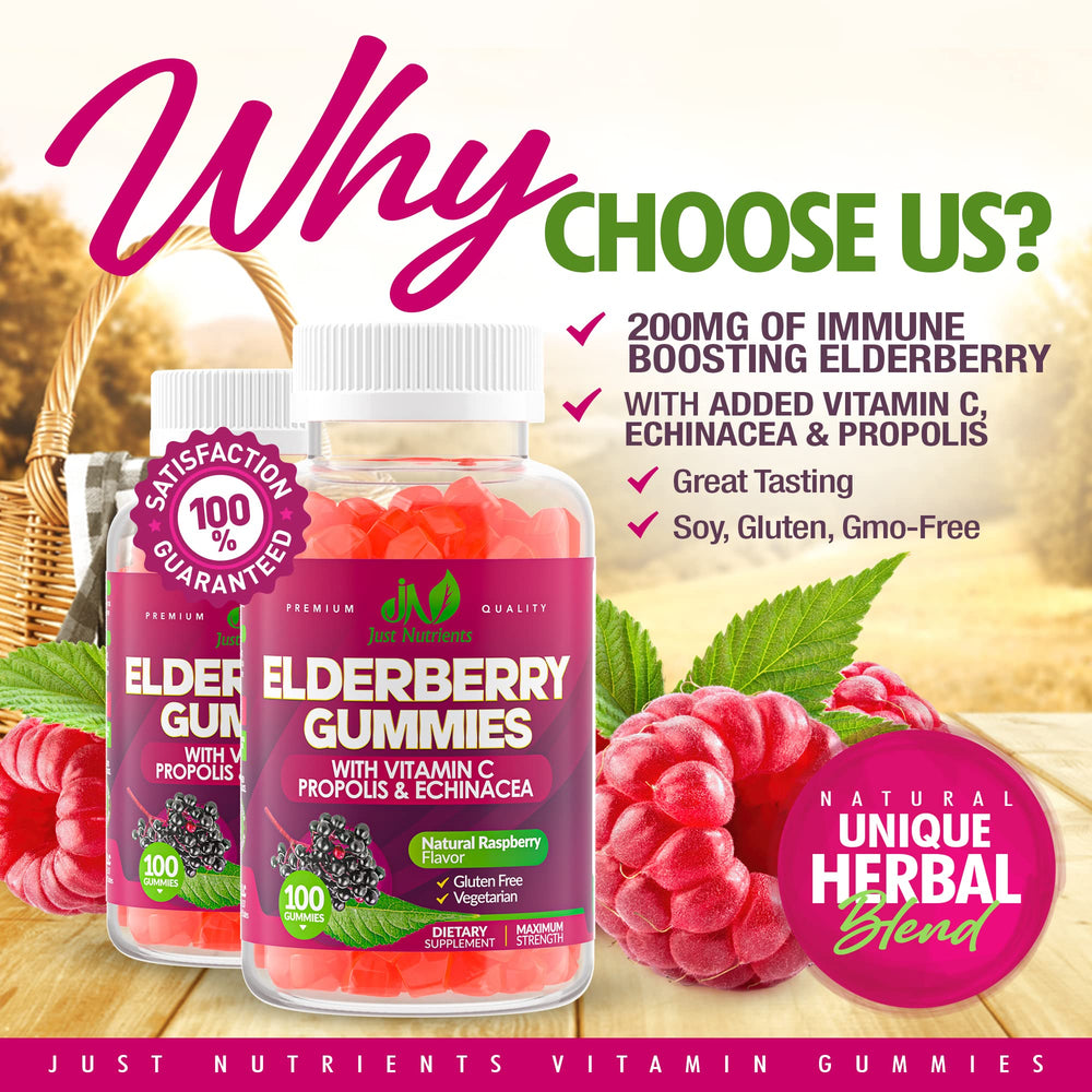 Just Nutrients Elderberry Gummies raspberry gummies closeup highlighting soft texture and flavor