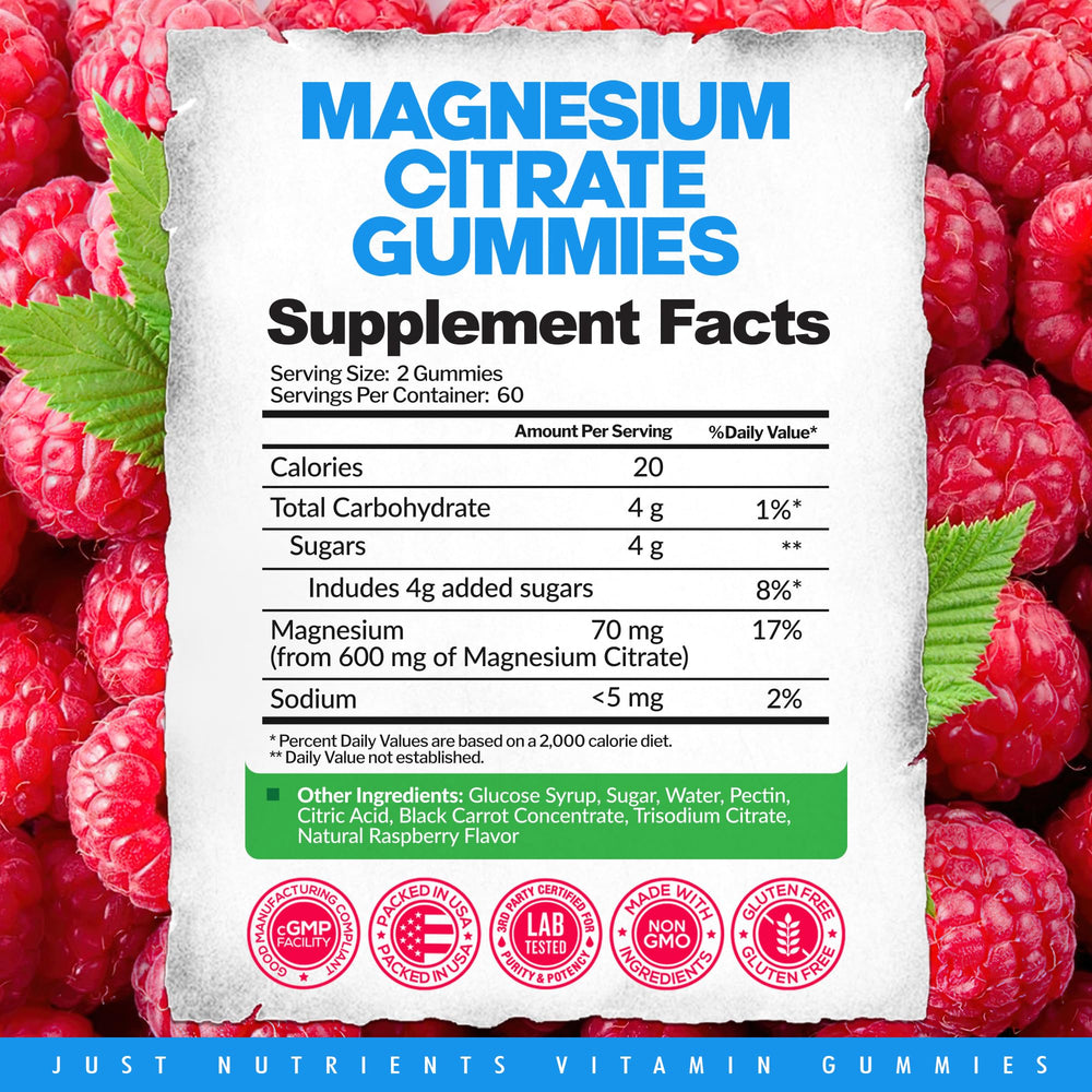 Just Nutrients Magnesium Citrate Gummies closeup emphasizing raspberry flavor and gummy texture.