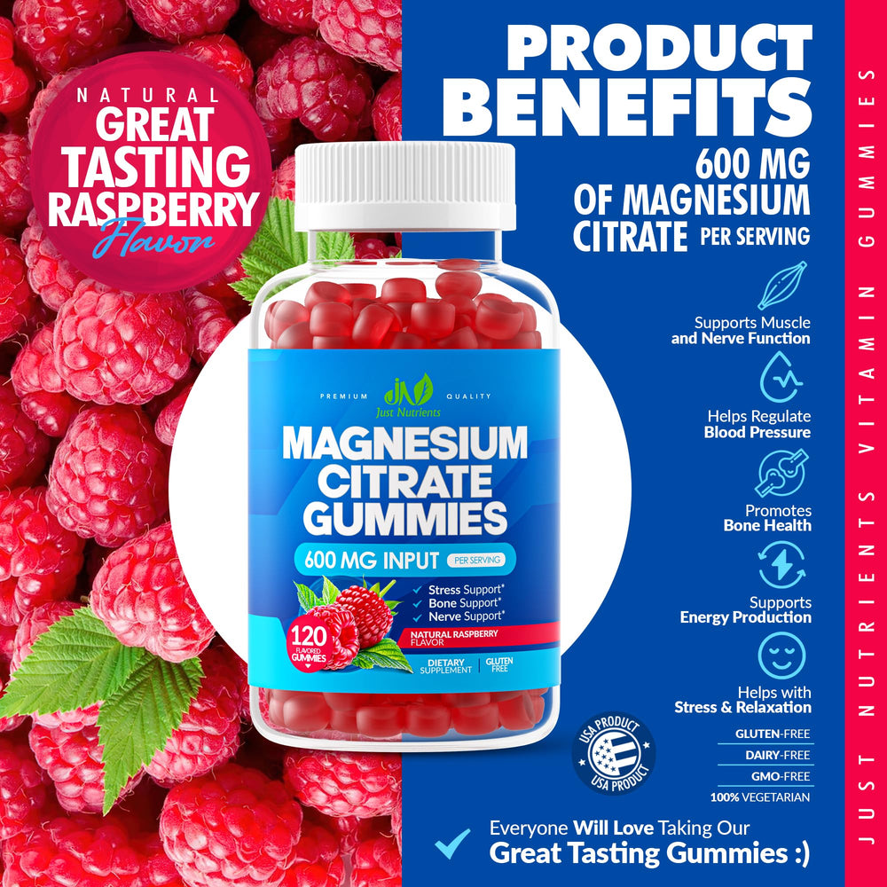 Just Nutrients Magnesium Citrate Gummies label highlighting gluten-free, non-GMO, vegetarian formula.