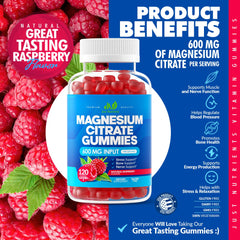 Just Nutrients Magnesium Citrate Gummies label highlighting gluten-free, non-GMO, vegetarian formula.
