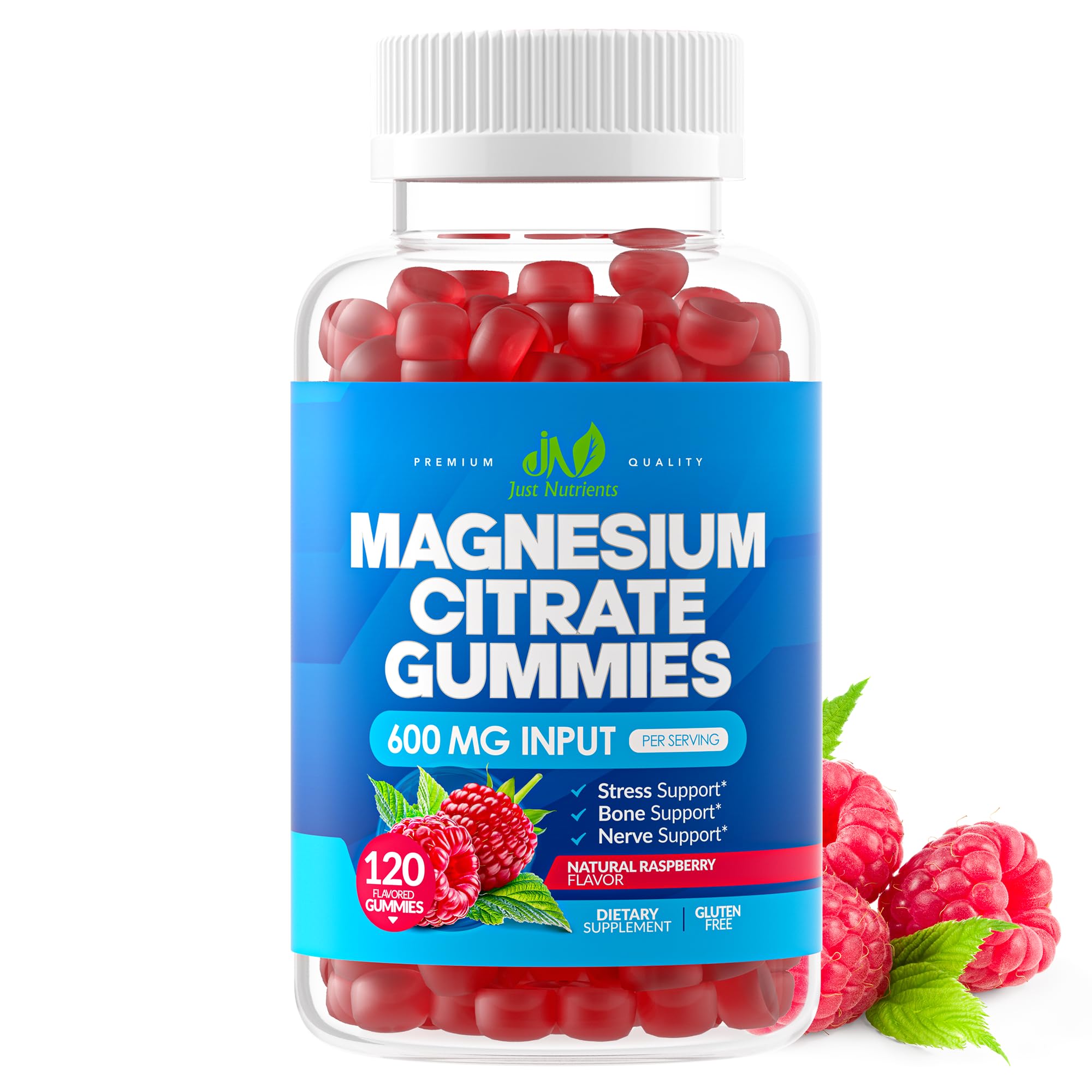Just Nutrients Magnesium Citrate Gummies raspberry bottle for daily wellness and full-body support.