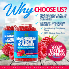 Just Nutrients Magnesium Citrate Gummies raspberry pour showing easy daily intake and convenient serving.