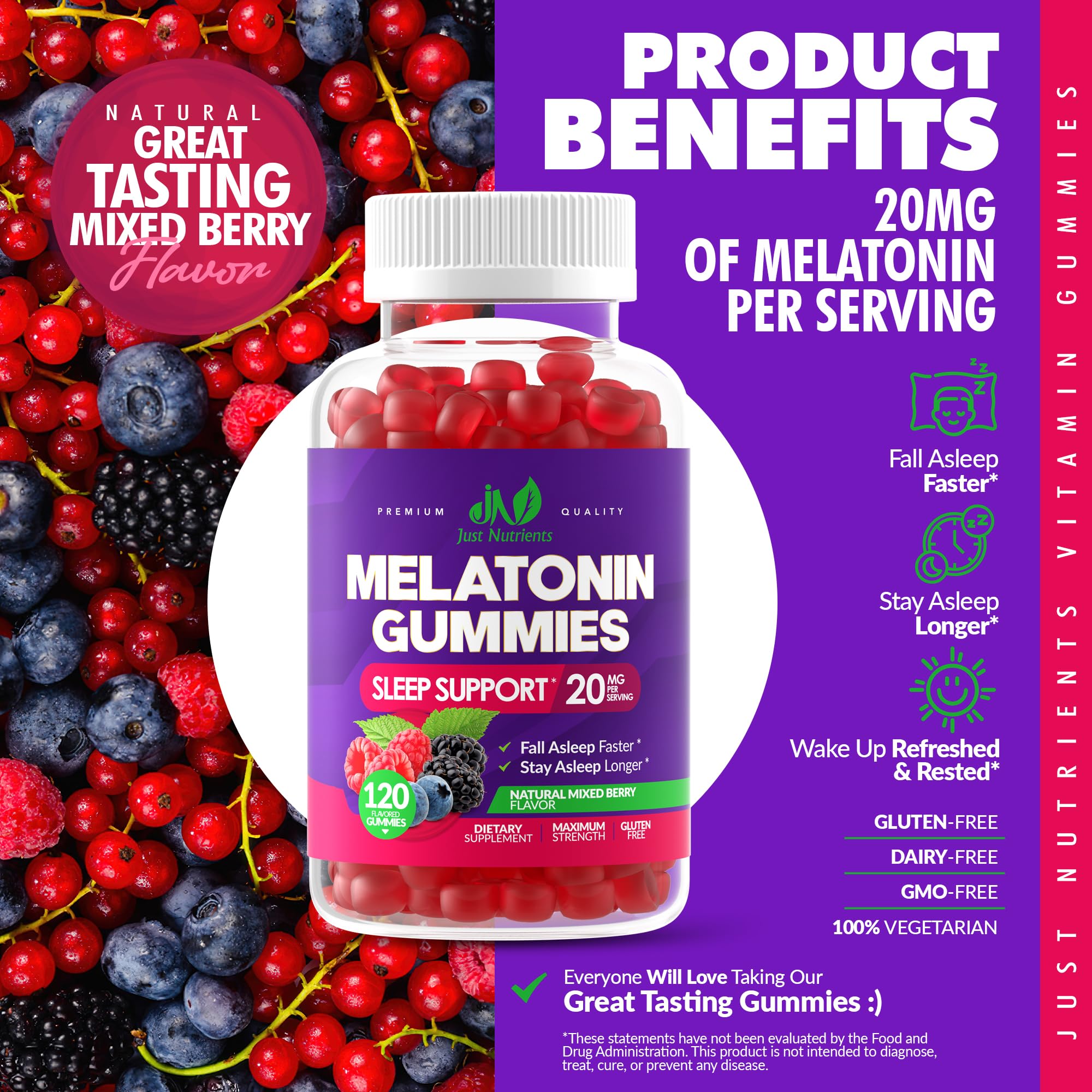 Just Nutrients Melatonin berry gummies closeup, delicious mixed berry flavor