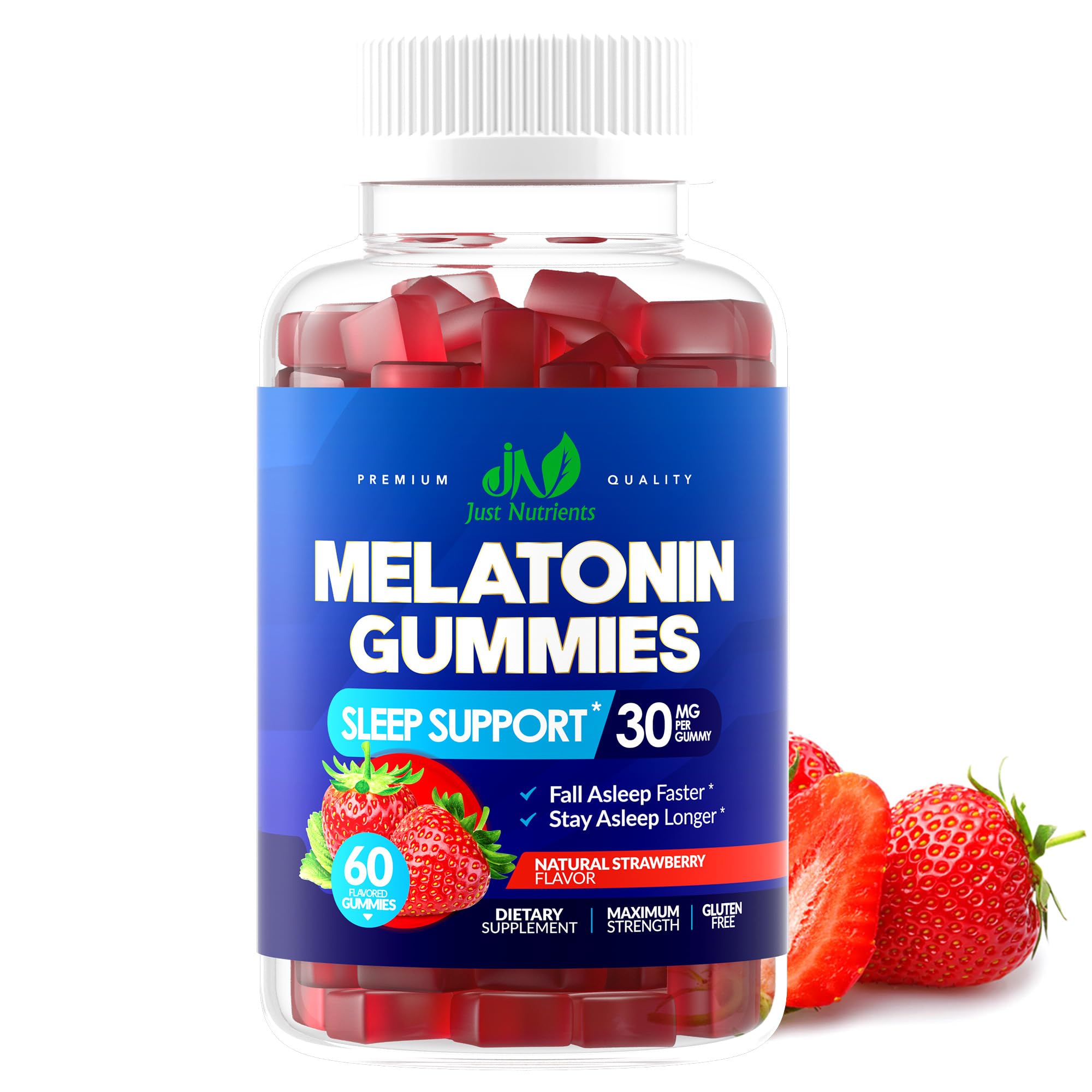 Just Nutrients Melatonin Gummies bottle front supports a simple nightly routine.