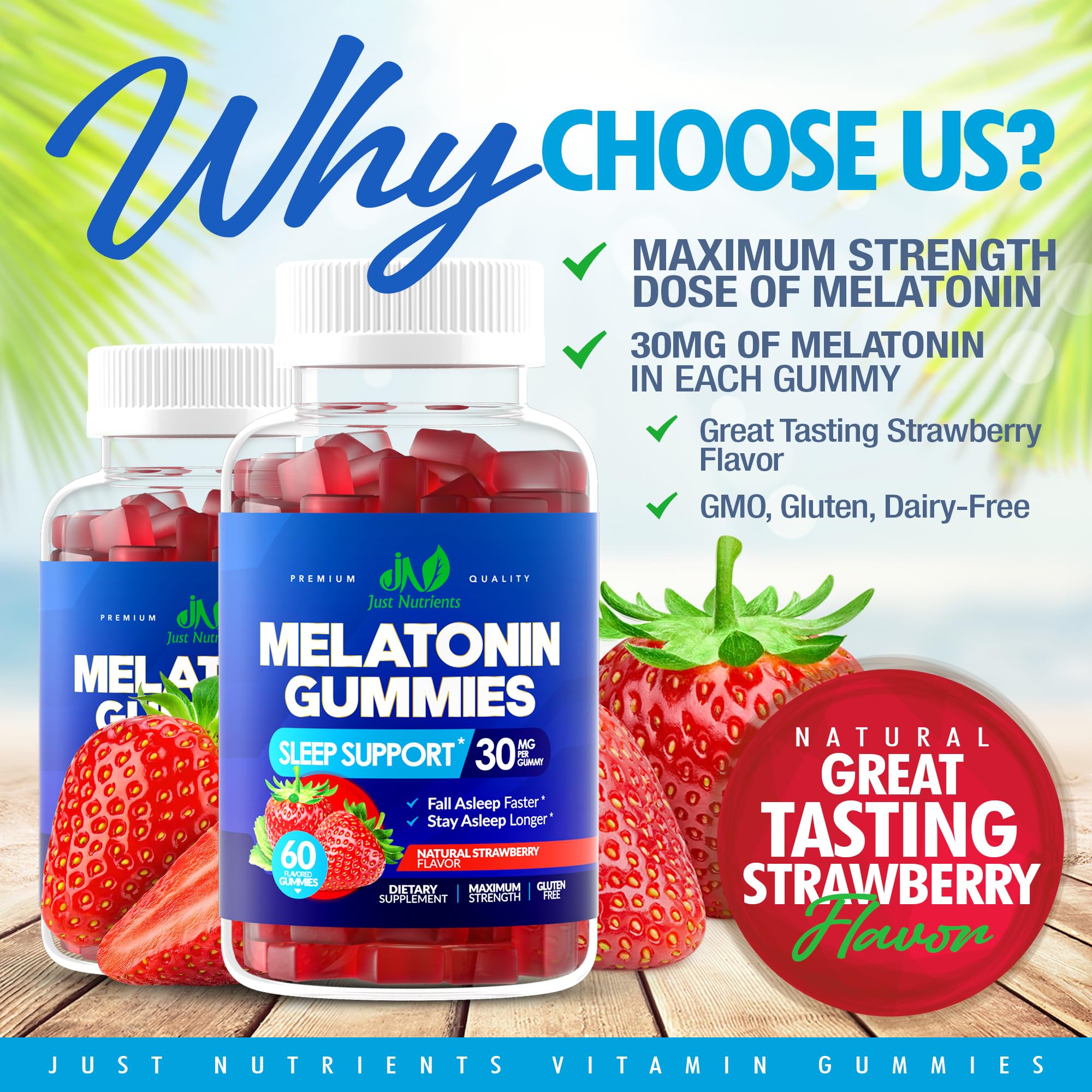 Just Nutrients Melatonin Gummies label close-up shows 30 mg per gummy.