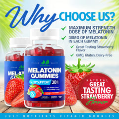 Just Nutrients Melatonin Gummies label close-up shows 30 mg per gummy.