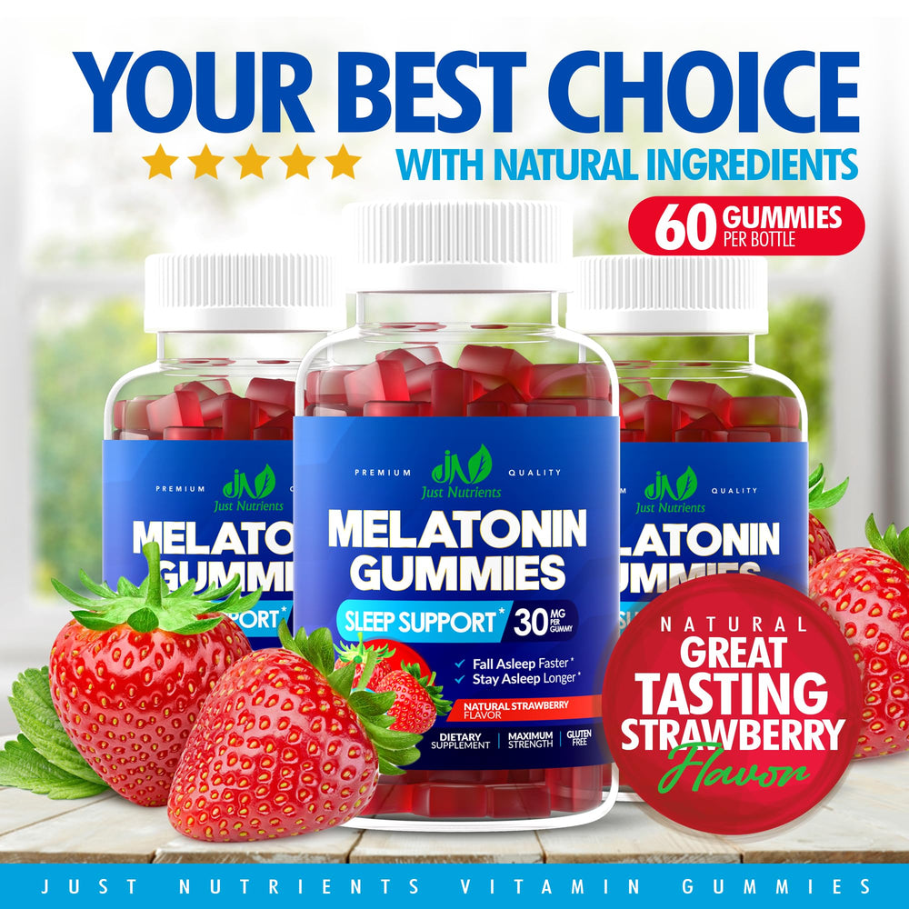 Just Nutrients Melatonin Gummies serving size image shows 60 gummies, two-month supply.