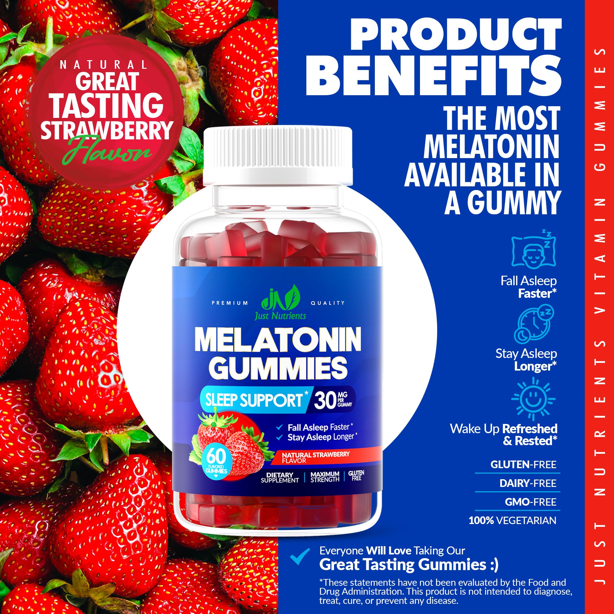 Just Nutrients Melatonin Gummies texture close-up reveals chewy, strawberry-flavored goodness.