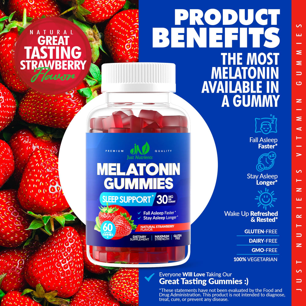 Just Nutrients Melatonin Gummies texture close-up reveals chewy, strawberry-flavored goodness.