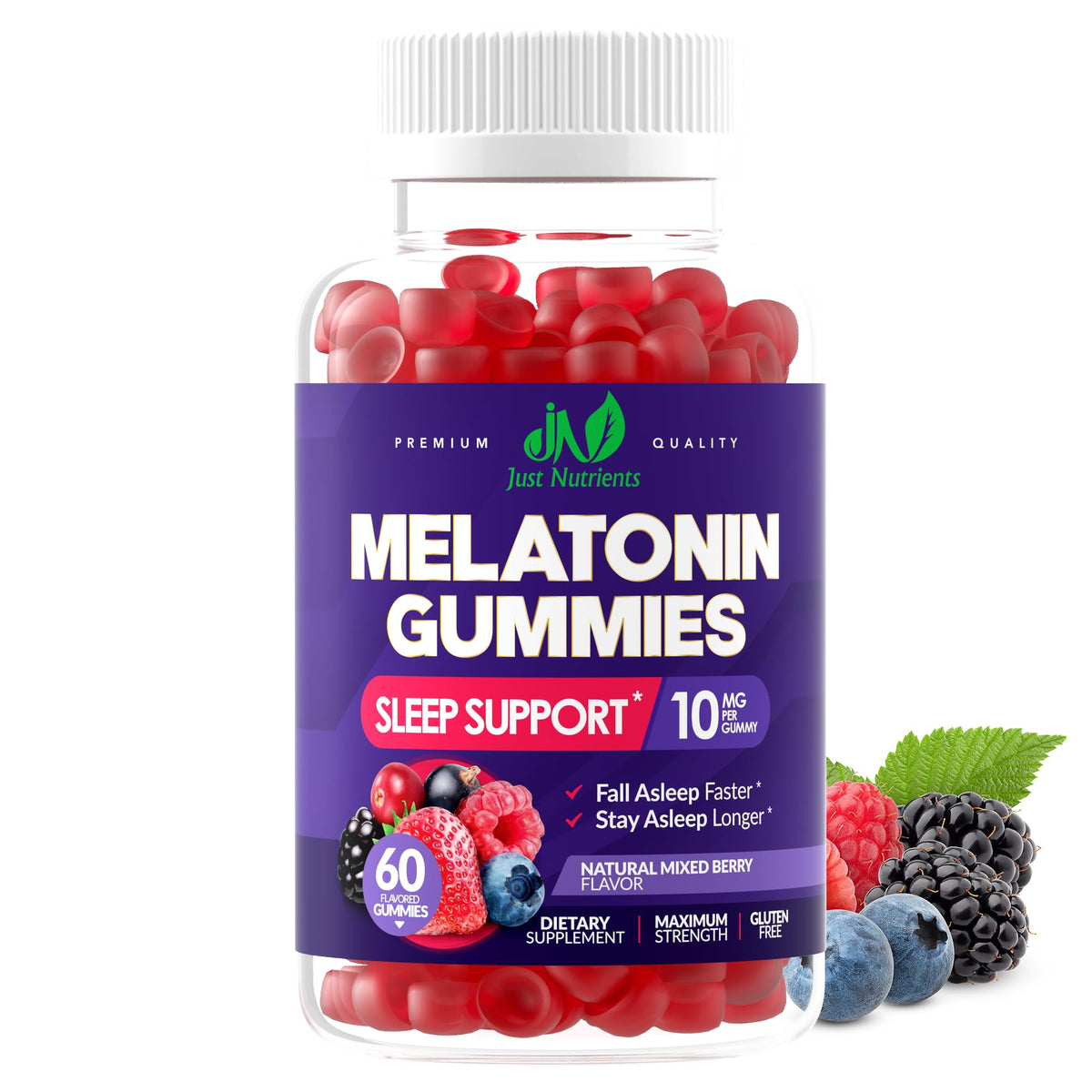 Just Nutrients melatonina 10 mg gomitas para dormir mejor y despertar con claridad.