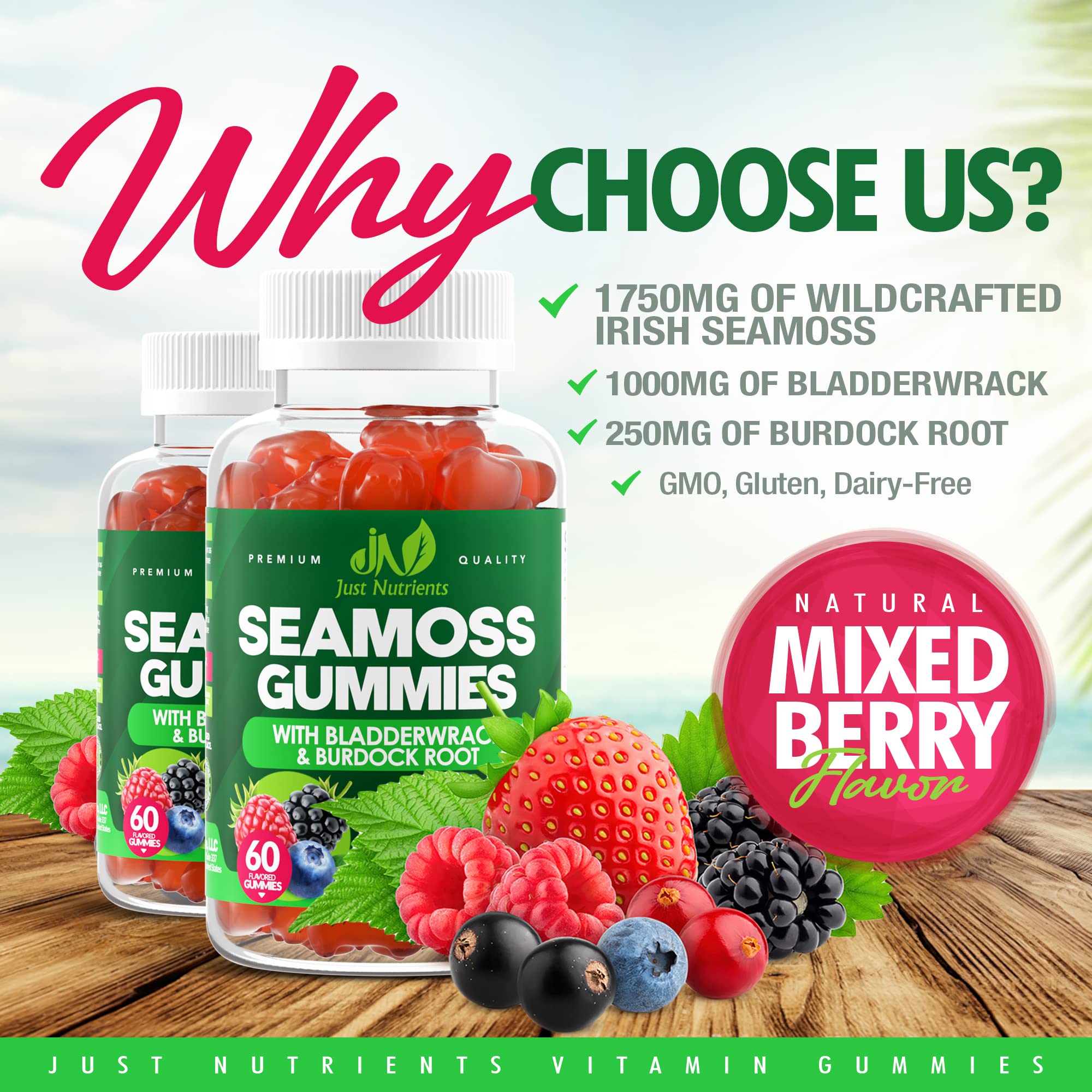 Just Nutrients Sea Moss 3000mg Gummies berry gummies closeup showing chewy texture.