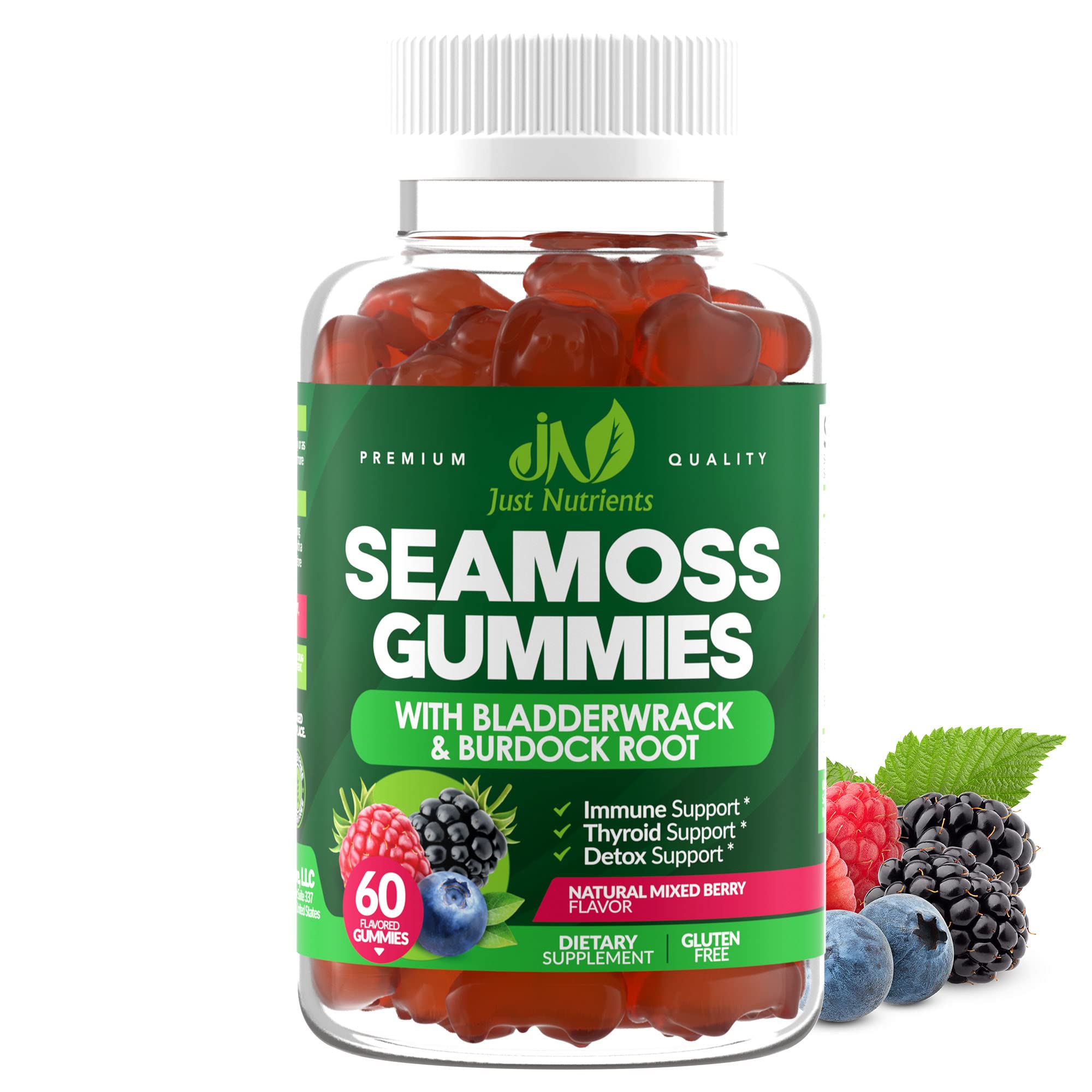 Just Nutrients Sea Moss 3000mg Gummies bottle on a counter for daily wellness.