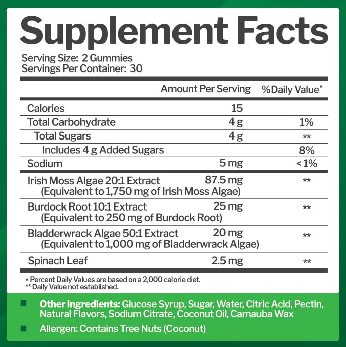 Just Nutrients Sea Moss 3000mg Gummies label closeup highlighting plant-based formula.