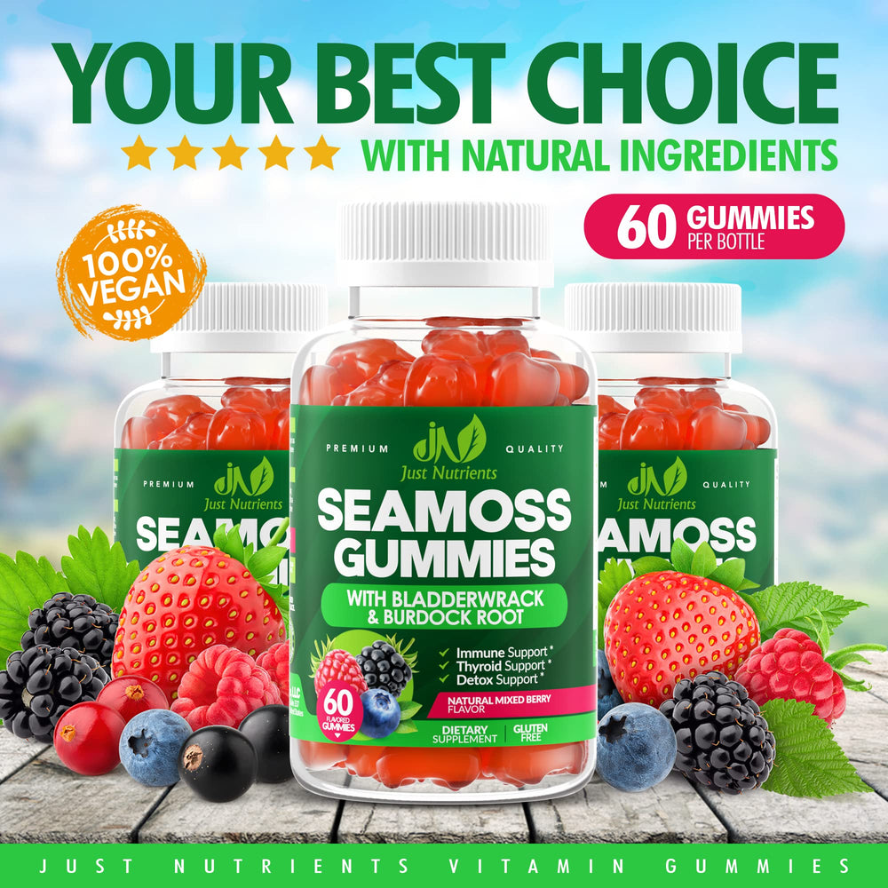 Just Nutrients Sea Moss 3000mg Gummies packaging with vegan and gluten-free icons.