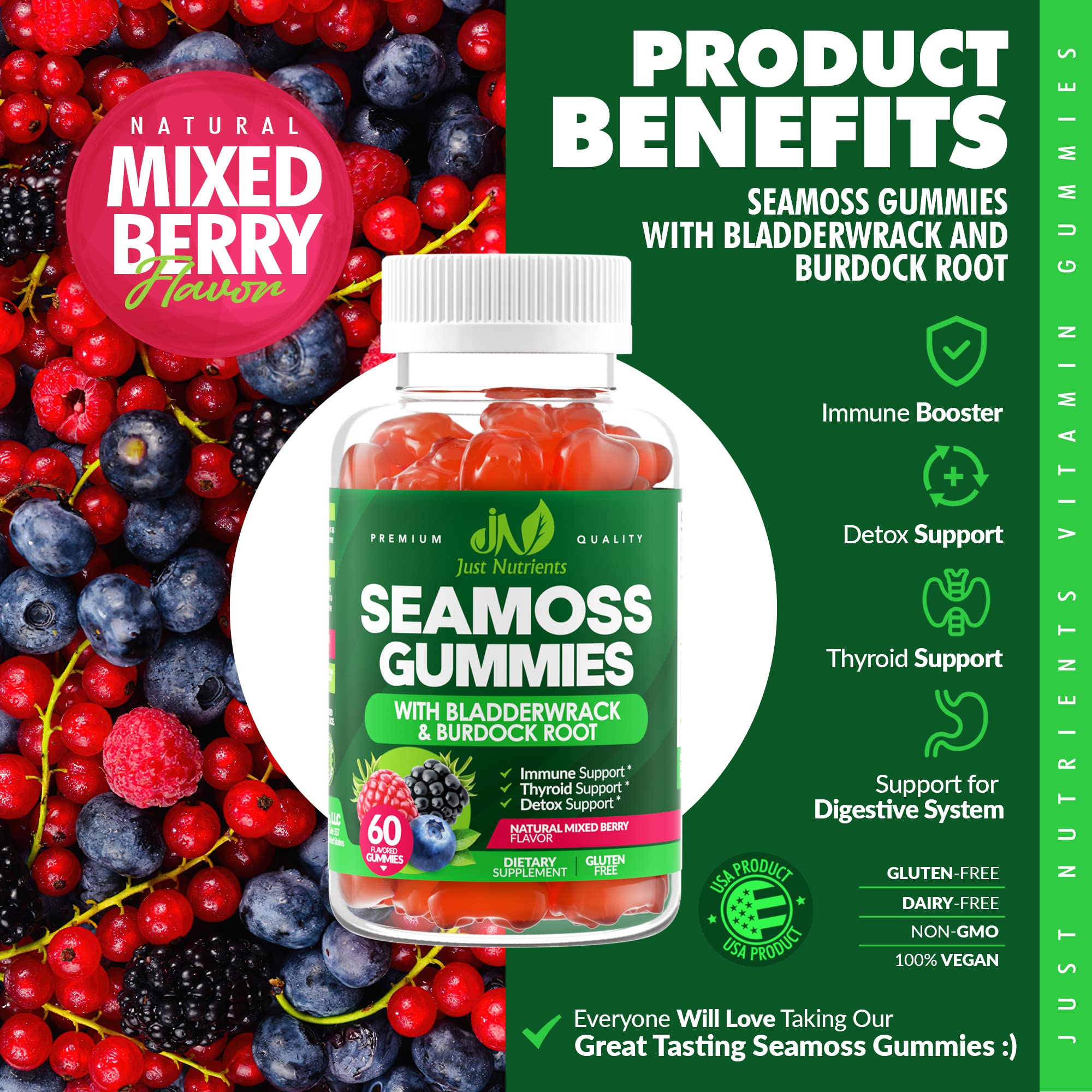 Just Nutrients Sea Moss 3000mg Gummies showcasing bladderwrack and burdock ingredients.