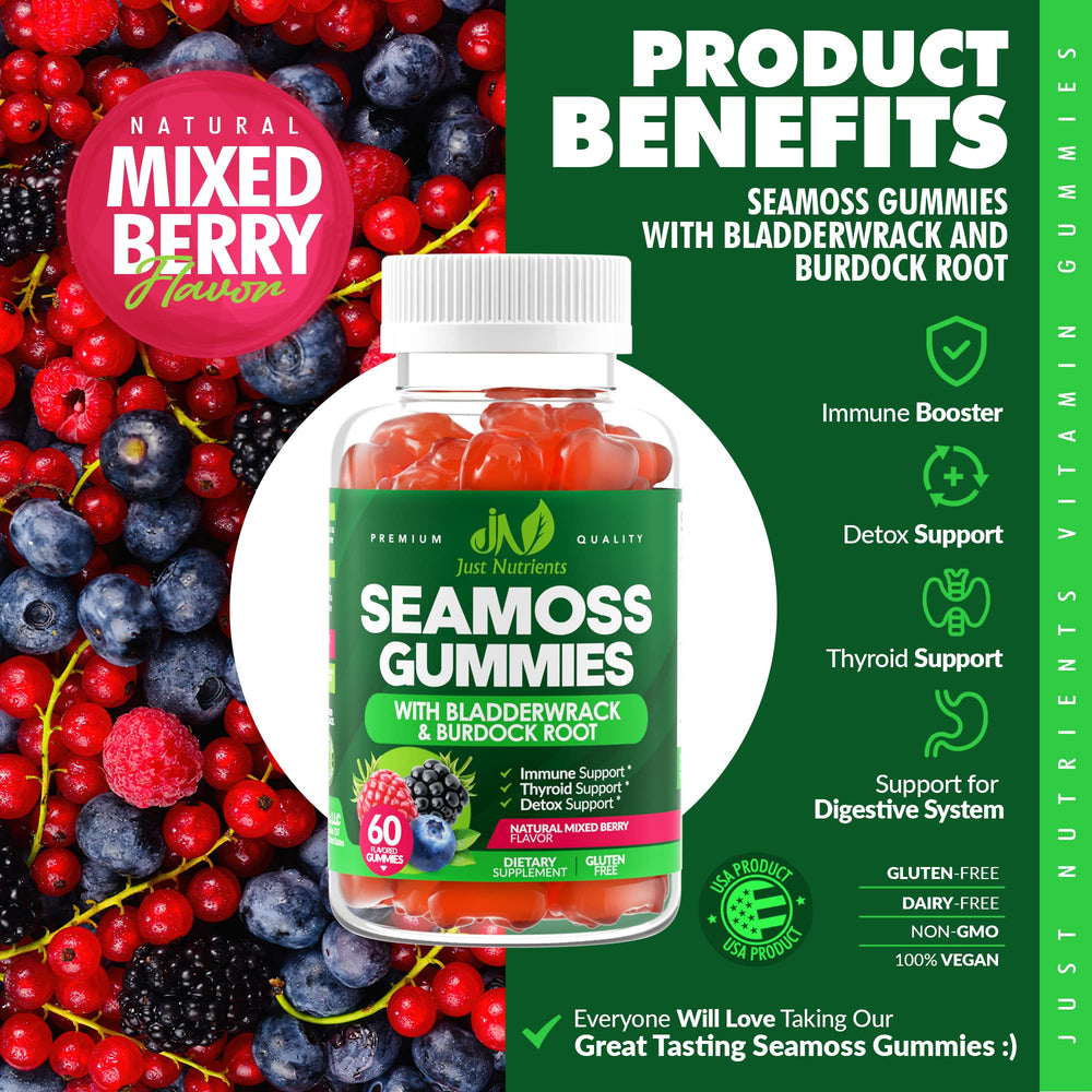 Just Nutrients Sea Moss 3000mg Gummies showcasing bladderwrack and burdock ingredients.