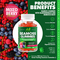 Just Nutrients Sea Moss 3000mg Gummies showcasing bladderwrack and burdock ingredients.