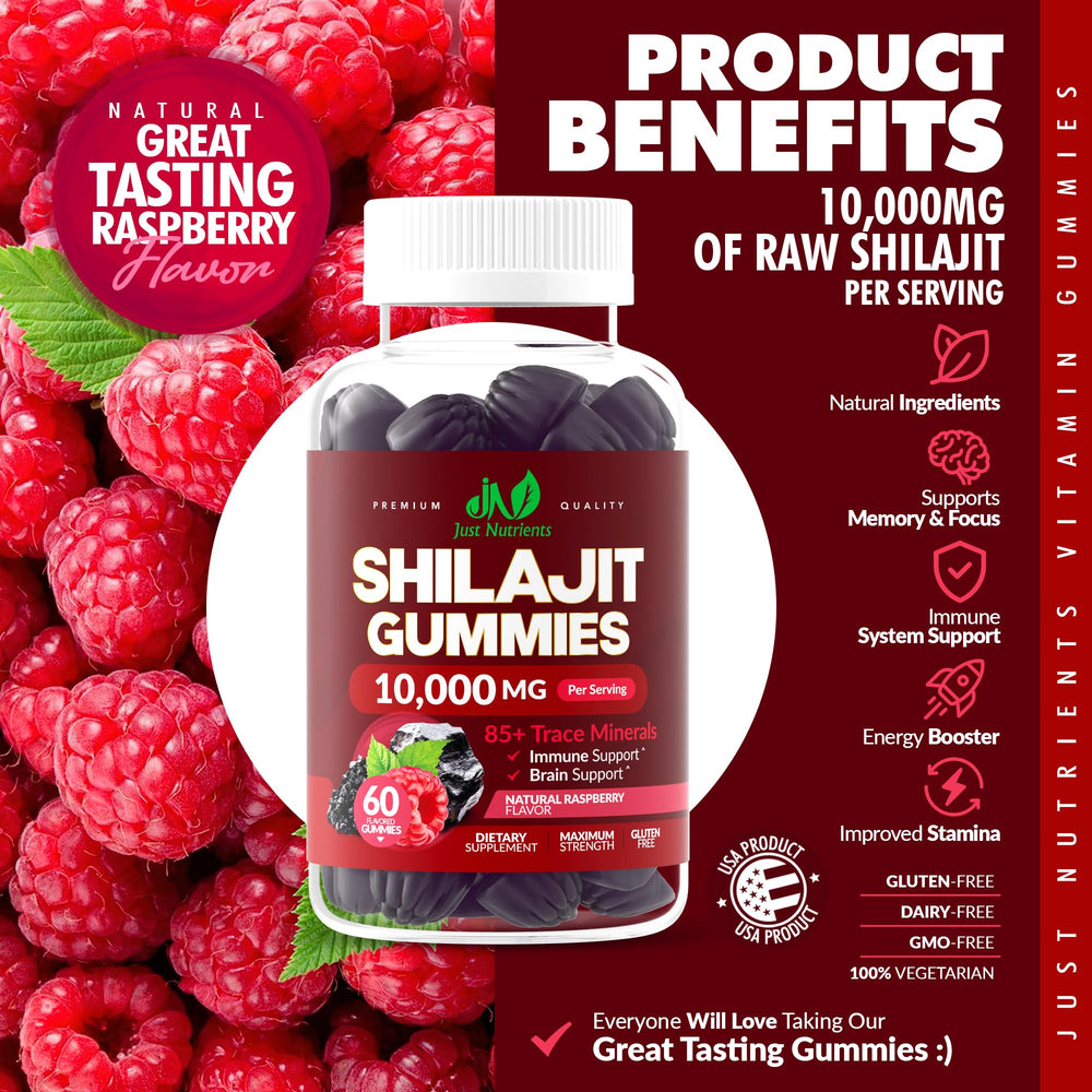 Just Nutrients Shilajit gummies gluten-free badge emphasizes clean, plant-based ingredients